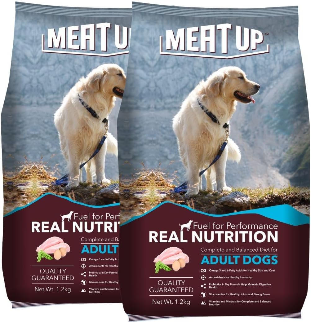 Meat Up Dry Dog Food, Real Chicken (2 x 1.2 Kg) | High Protein & Fibre, Omega 3 & 6 for Healthy Skin & Coat, Strong Bones & Joint Health, Builds Immunity