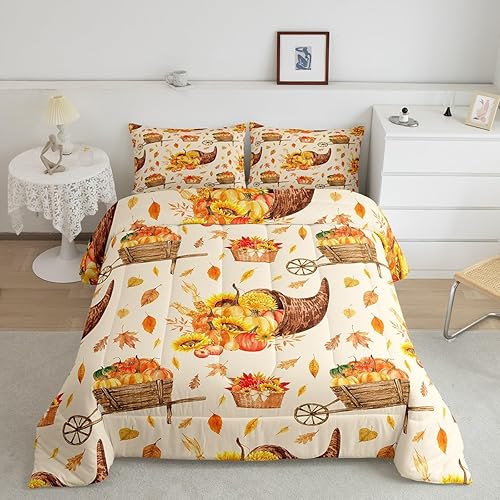 Juego de edredón de Feliz Acción de Gracias, tamaño King, juego de ropa de cama de hojas de granja con calabaza para niños, adolescentes y adultos,
