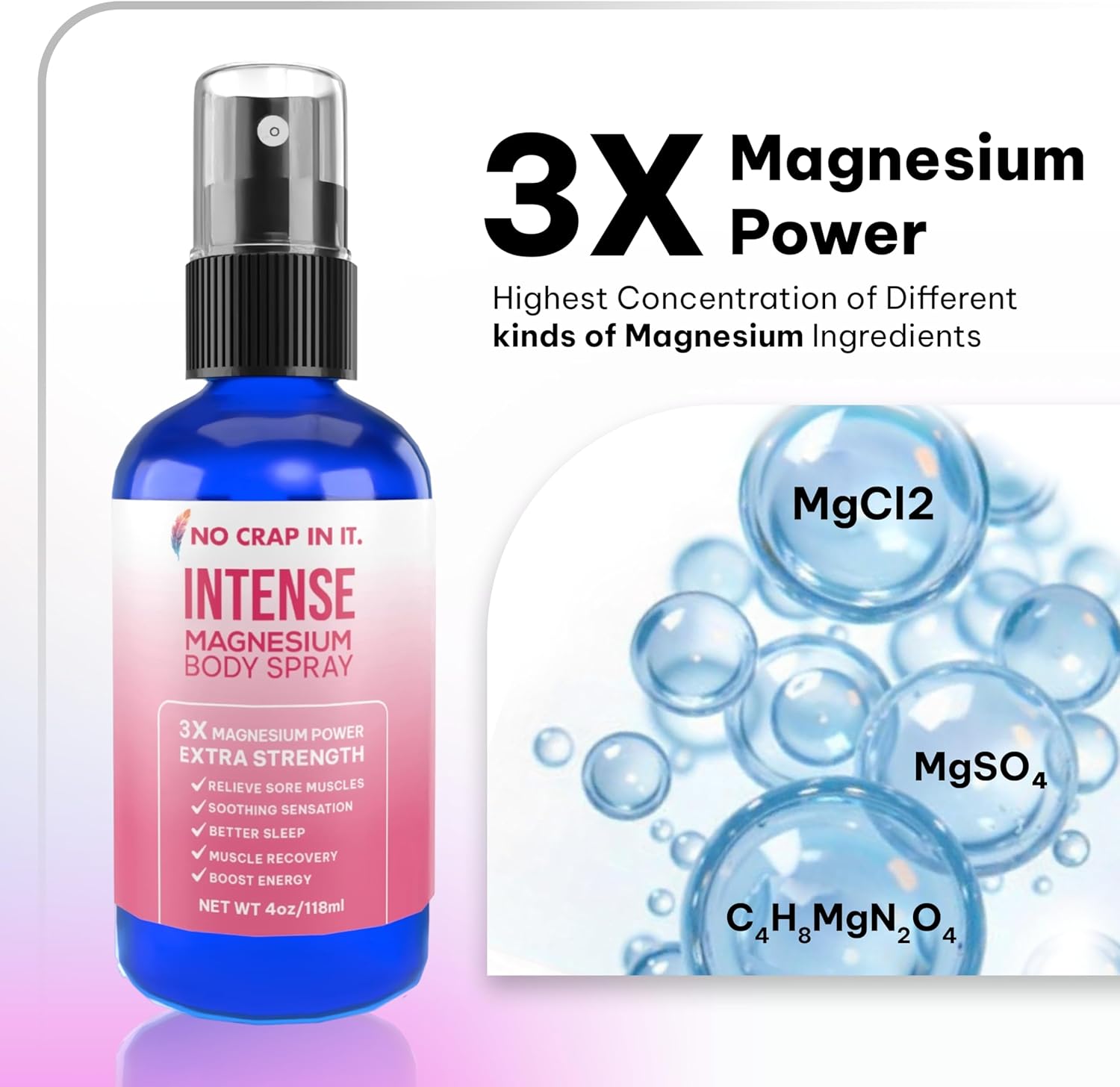 Intense Magnesium Spray Triple Magnesium Power: All Natural Magnesium Chloride, Glycinate, Sulfate -4oz