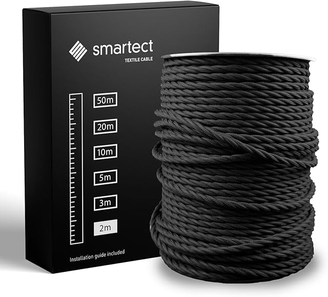 smartect Czarny Kabel Skręcony Tekstylny, 2 Metrów Kabel w Oplocie Elektryczny, 3 Żyłowy (3 x 0,75 mm²) Elektryczny Kabel w Oplocie Tekstylnym do Własnych Projektów DIY