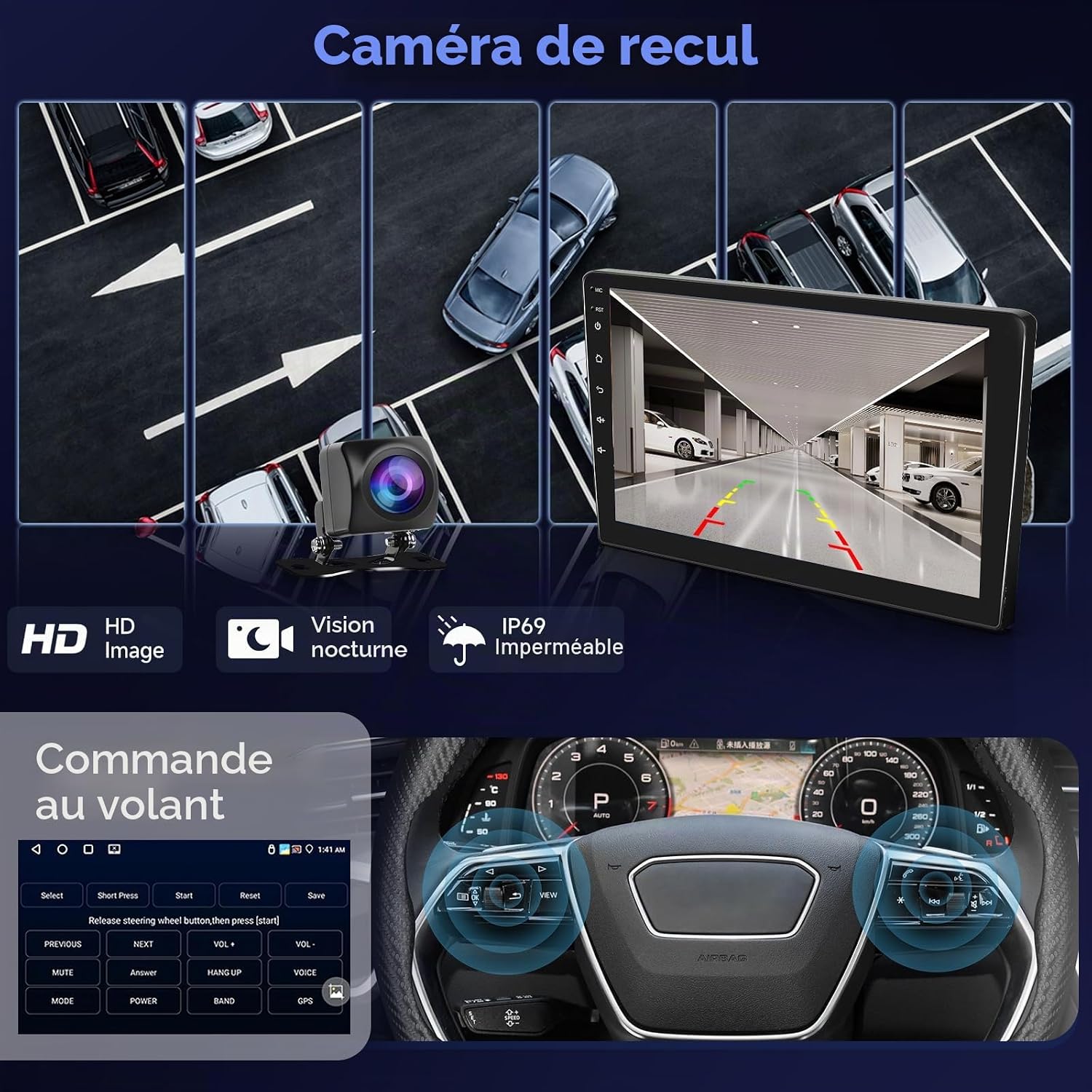 A car interior showing the steering wheel with control buttons and the car stereo display. The display shows a menu for configuring steering wheel controls, with options like 'Select', 'Previous', 'Next', 'Volume', 'Answer', 'Hang Up', 'Voice', 'Mode', 'Power', 'Band', and 'GPS'.