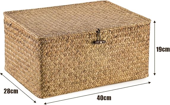 1PC Seagrass Storage Box with Lid Woven Basket 40x28x19cm