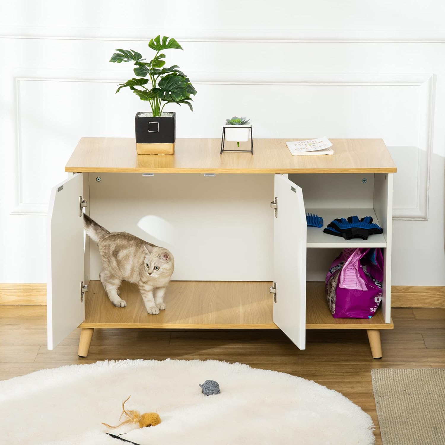 PawHut Cat Cabinet for Cat Litter Tray 2 in 1 Design Cat Litter Tray Side Table Cat House for Cat Bed with Door Opening Pine Wood Oak + White 100 x 55 x 60 cm