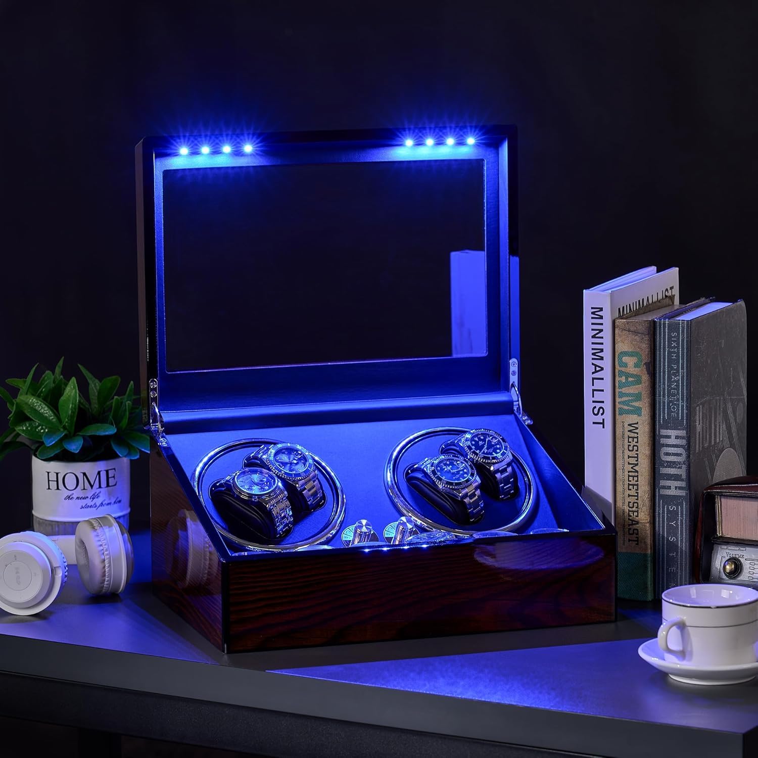 BEWISHOME Caricatore per Orologi Automatici e Meccanici, Scatola Carica con Luce LED, 4 Rotatori Ultra-Silenziosi e 6 Extra Stoccaggio, Watch Winder ESYQ01Y