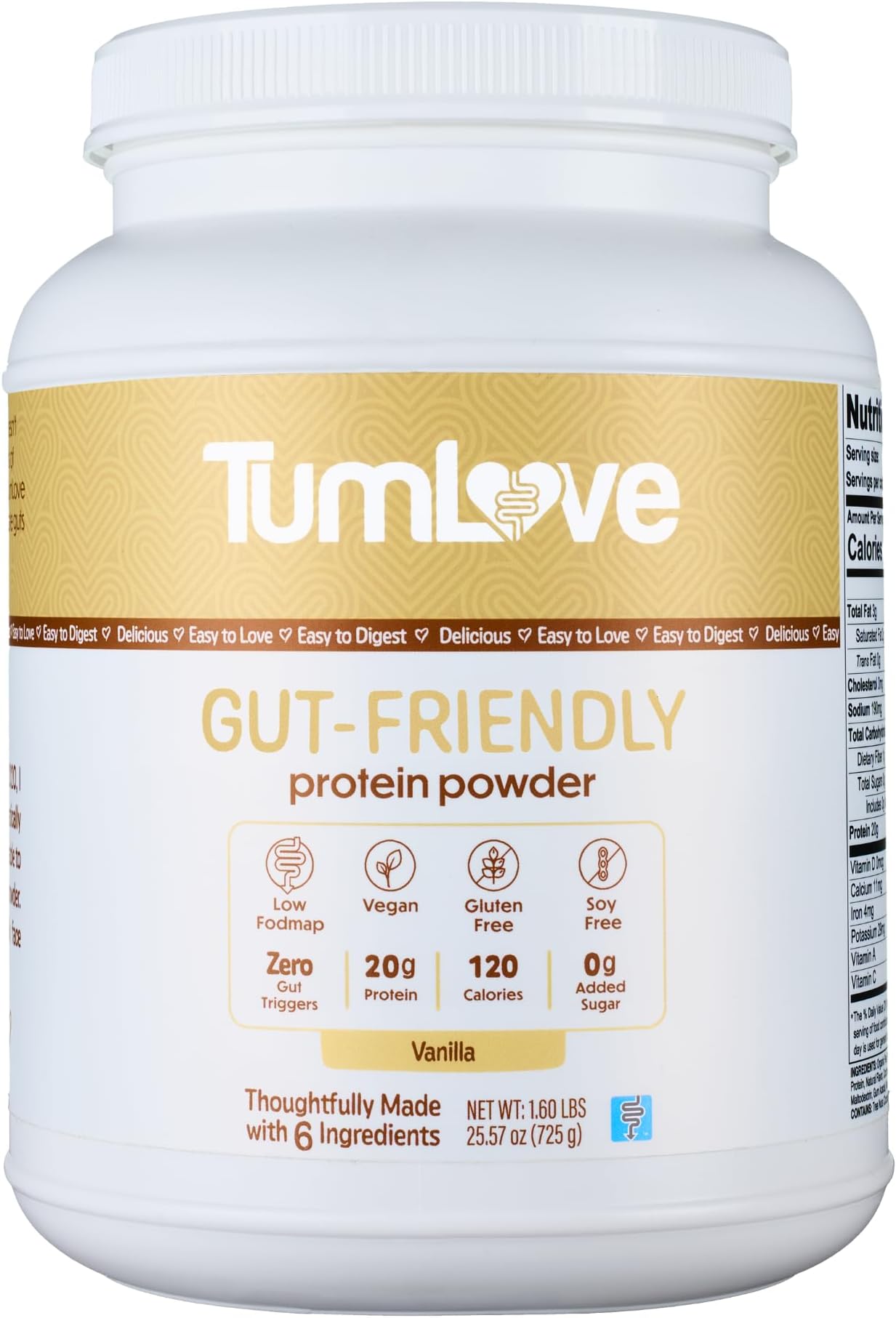 TumLove Vegan Protein Powder - Low FODMAP Certified, Gluten-Free, Dairy-Free, Soy-Free, 100% Gut-Friendly & Non-Bloating, Vanilla (25 Servings)