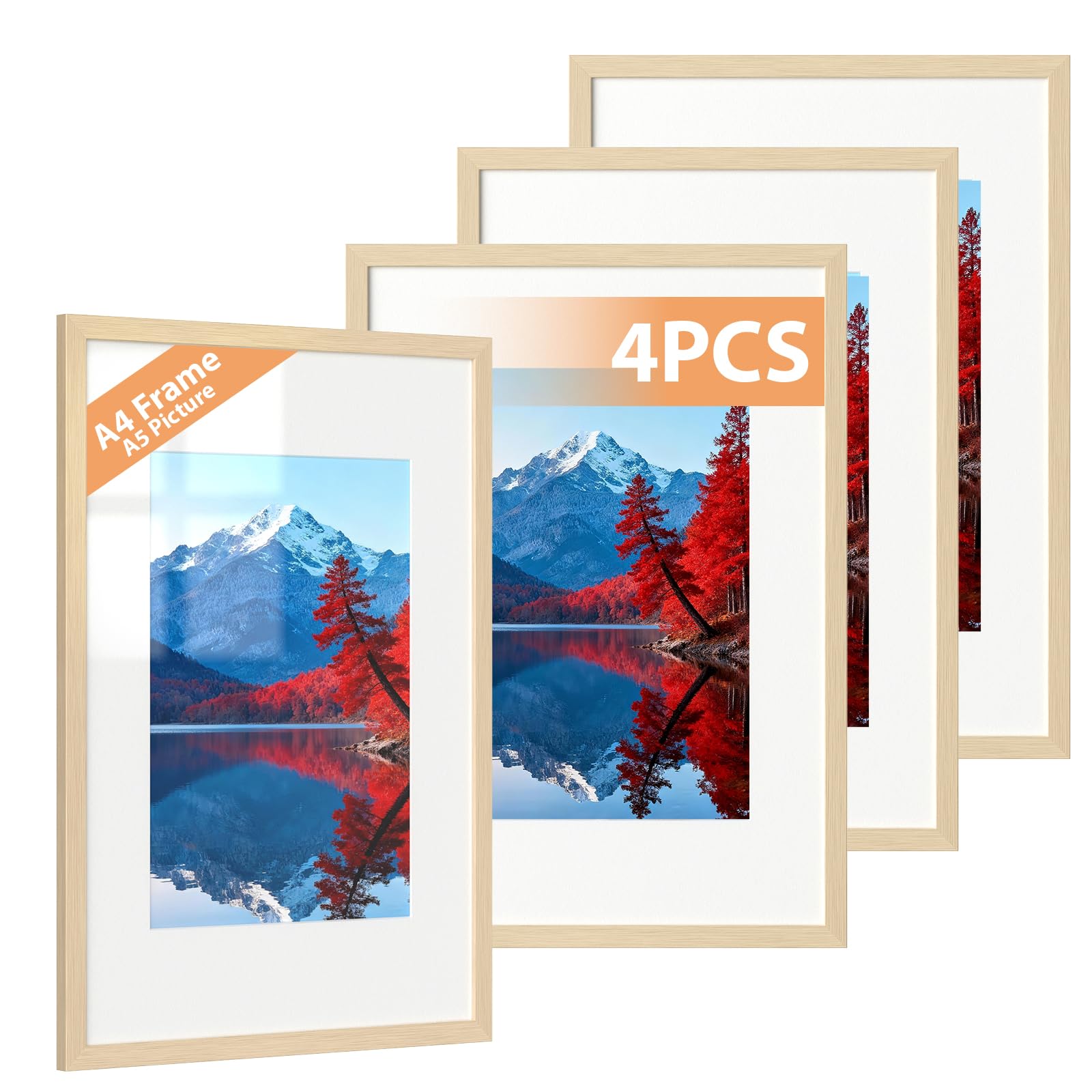 Alyvisun 4Pack A4 Frames, Horizontal/Vertical, Wall or Tabletop, Wood-Tone