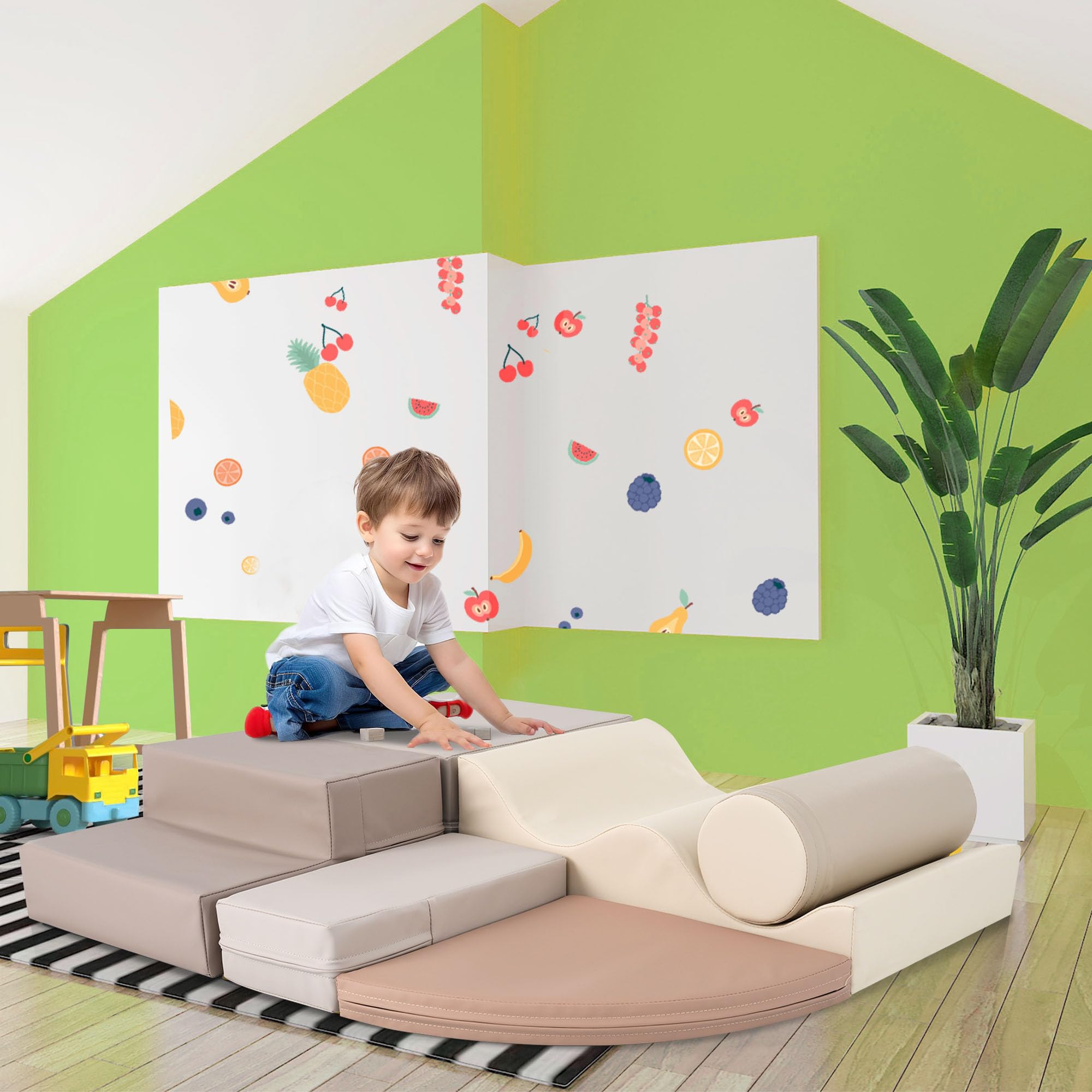 SPOFLYINN 6-in-1 Toddler Climb Crawl Activity Playset Soft Foam Climbing Crawling Blocks Indoor Active Play Structure Gym Equipment Bi