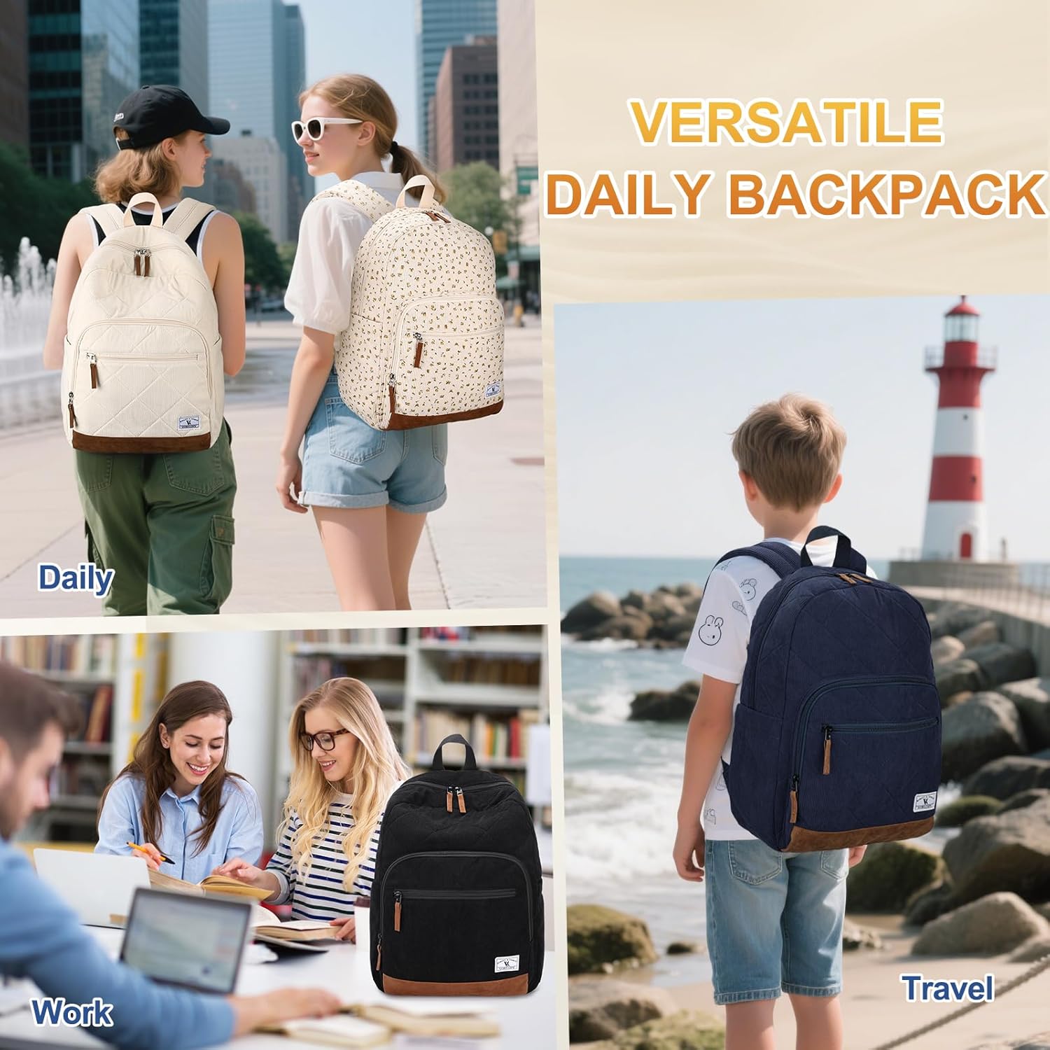 VX VONXURY School Backpack for Girls, Lightweight 15.6inch Corduroy Backpack for Women Teens Casual Bookbag for College Travel (Beige)