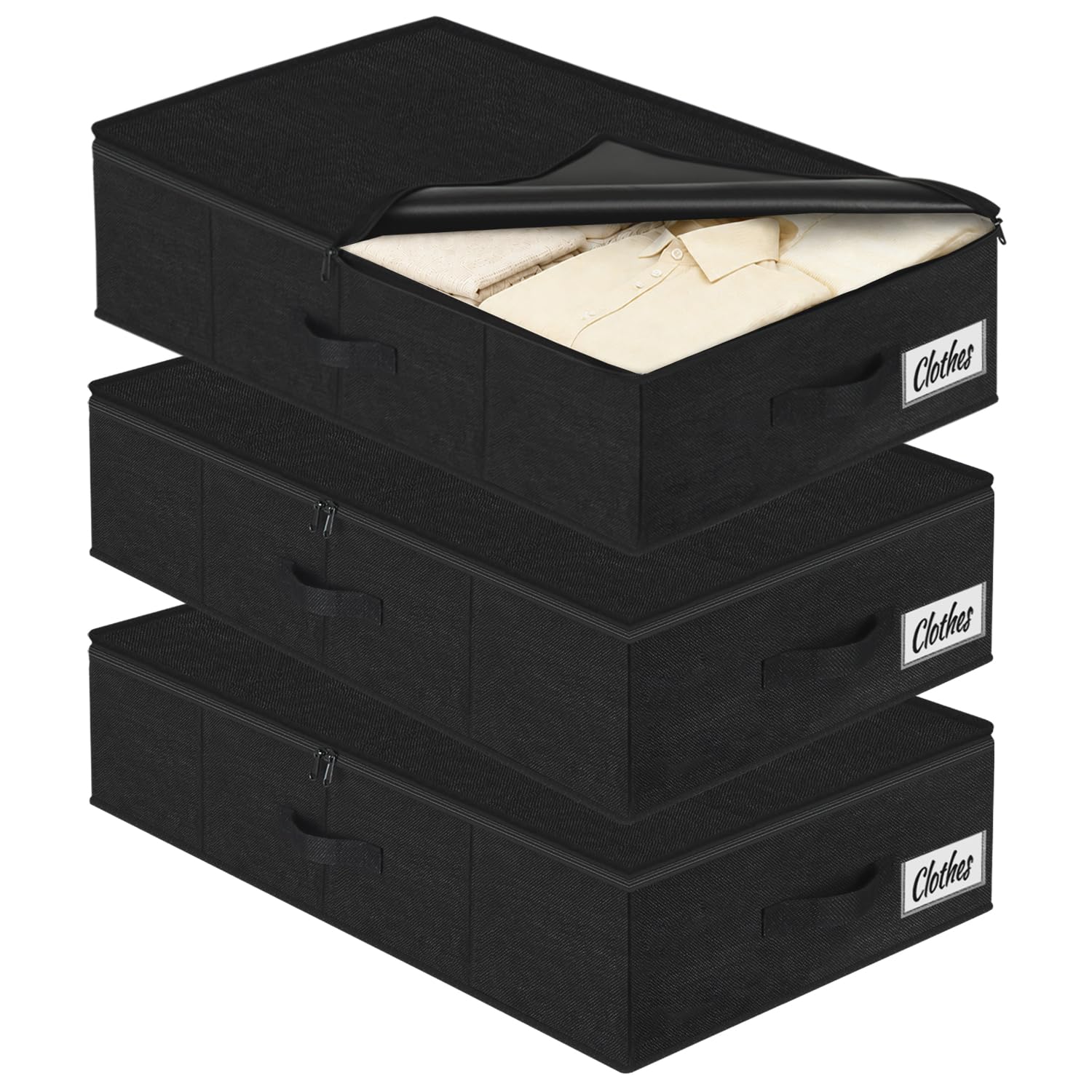 Contenitore Sottoletto con Coperchio 17 cm, 50L Scatola Portaoggetti Sotto il Letto e Divano Pieghevole, Struttura Rigida, Base e 3 Maniglie, Tessuto Impermeabile per Vestiti e Coperte, 3 Pezzi, Nero