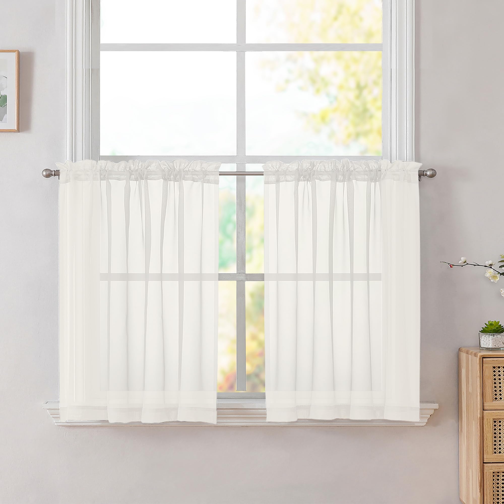Simplebrand Ivory Short Sheer Cafe Tier Curtains 24 Inch Length 2 Panels