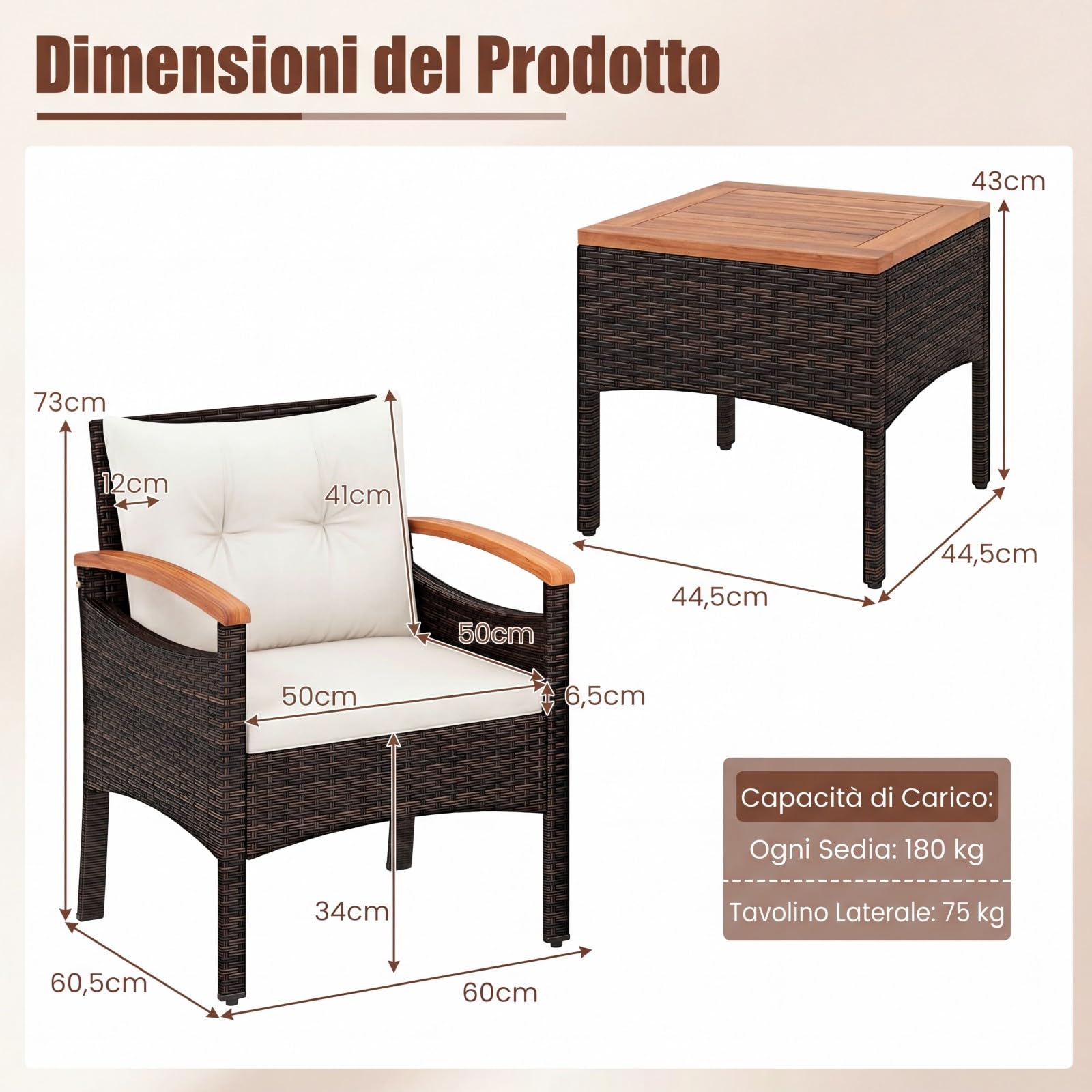 COSTWAY Set Salotto da Giardino per 2 Persone, Poltrone da Giardino in Rattan e Legno con Tavolino Laterale, Salottino da 3 Pezzi con Cuscini per Cortile, Veranda e Balcone (Bianco)