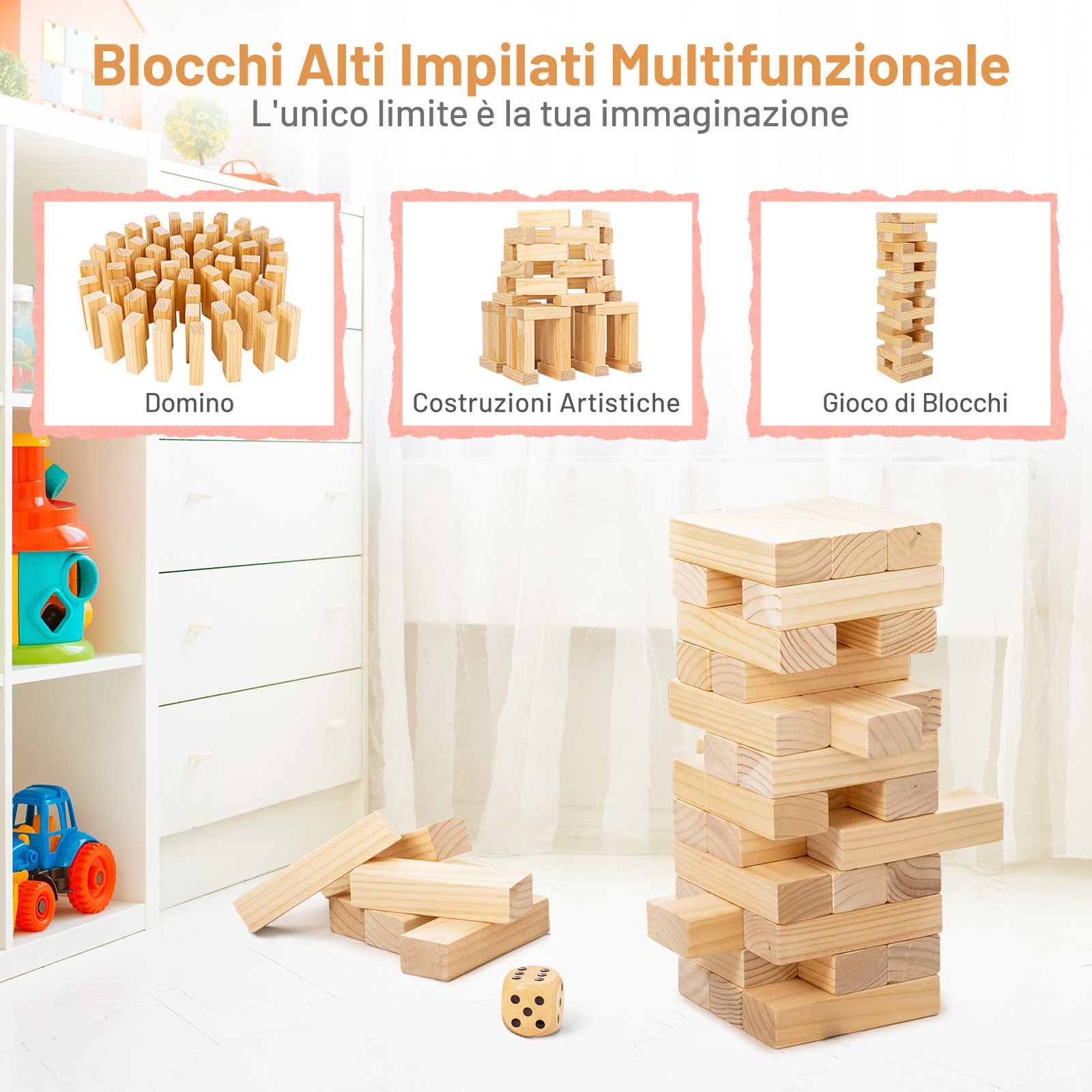 RELAX4LIFE Torre Traballante in Legno di Pino da Sottrarre e Costruire, con 54 Blocchi Impilabili, Dado, Borsa di Trasporto Portatile, per Bambini e Adulti