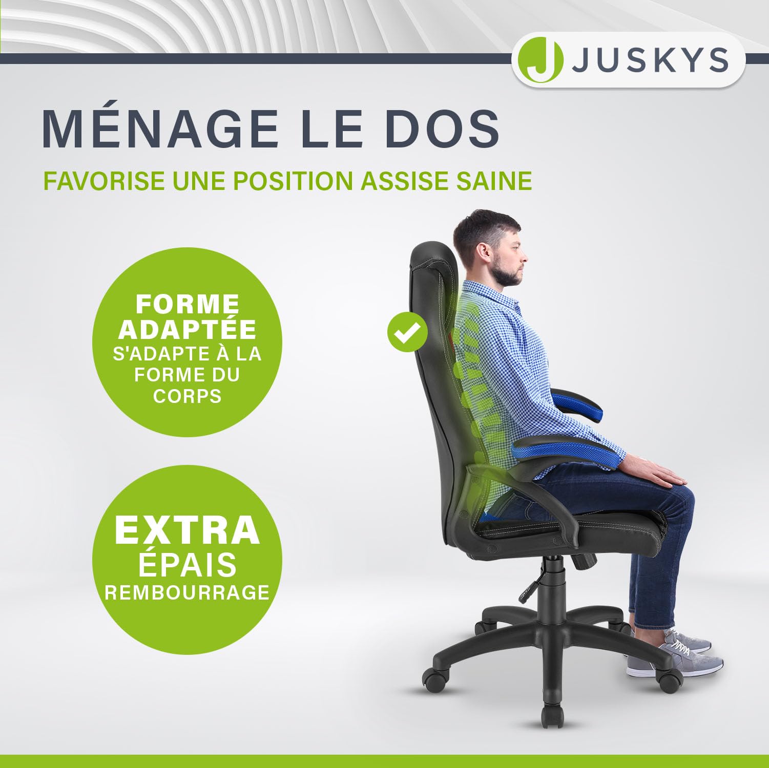 Juskys Chaise de Bureau Montreal Racing Chaise de Bureau Ergonomique réglable en Hauteur et rembourrée Chaise pivotante Chargeable 120 kg Chaise de Jeu PC (Bleu) (52D x 47W x 111H cm)