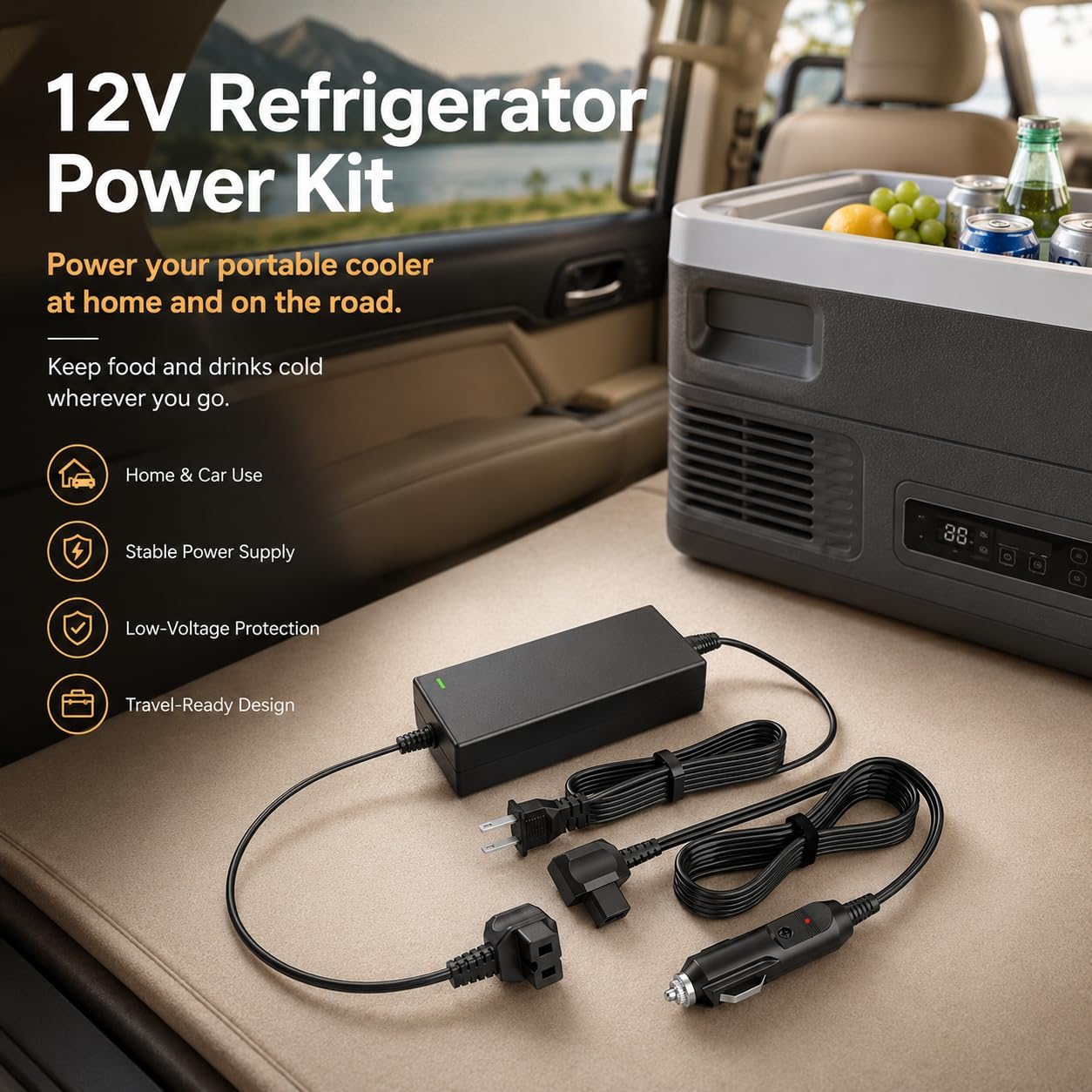 AC/DC Car Refrigerator Power Cord Kit, 14.5V AC Adapter and 12V/24V DC Cigarette Lighter Plug Compatible with Alpicool Bodega Euhomy BougeRV ICECO Setpower ARB Portable Fridge Freezer