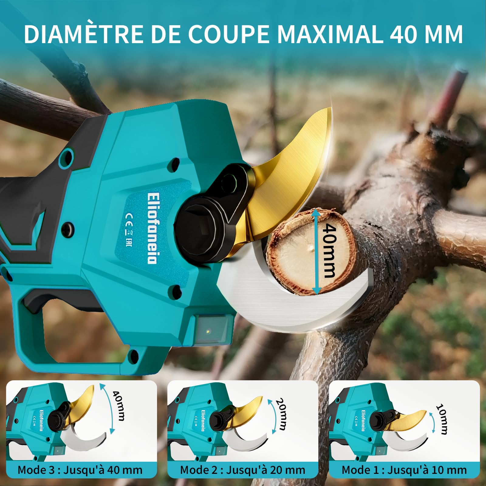 Sécateur Électrique Sans Fil Professionnel-Diamètre de Coupe 40mm-Moteur Brushless 1000W Puissant-2 Batteries Lithium 8000mAh-Écran LCDet Sécurité-Taille Arbres,Jardin