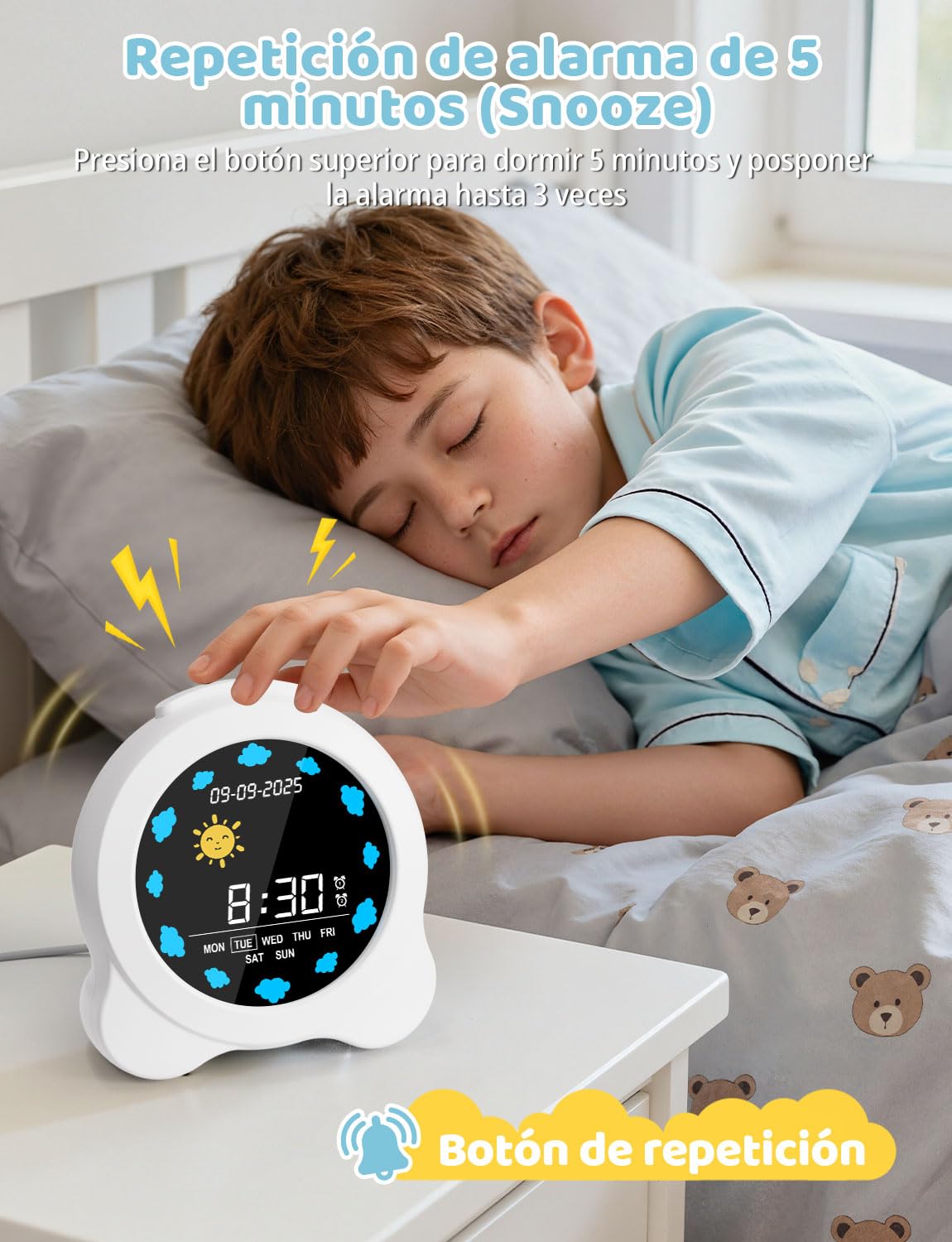 YISSVIC Despertador Infantil 2 Alarmas Brillo Ajustables 3 Volumenes 6 Músicas, Reloj Despertador Digital Función de Repetición Entrenamiento del Sueño para Niños