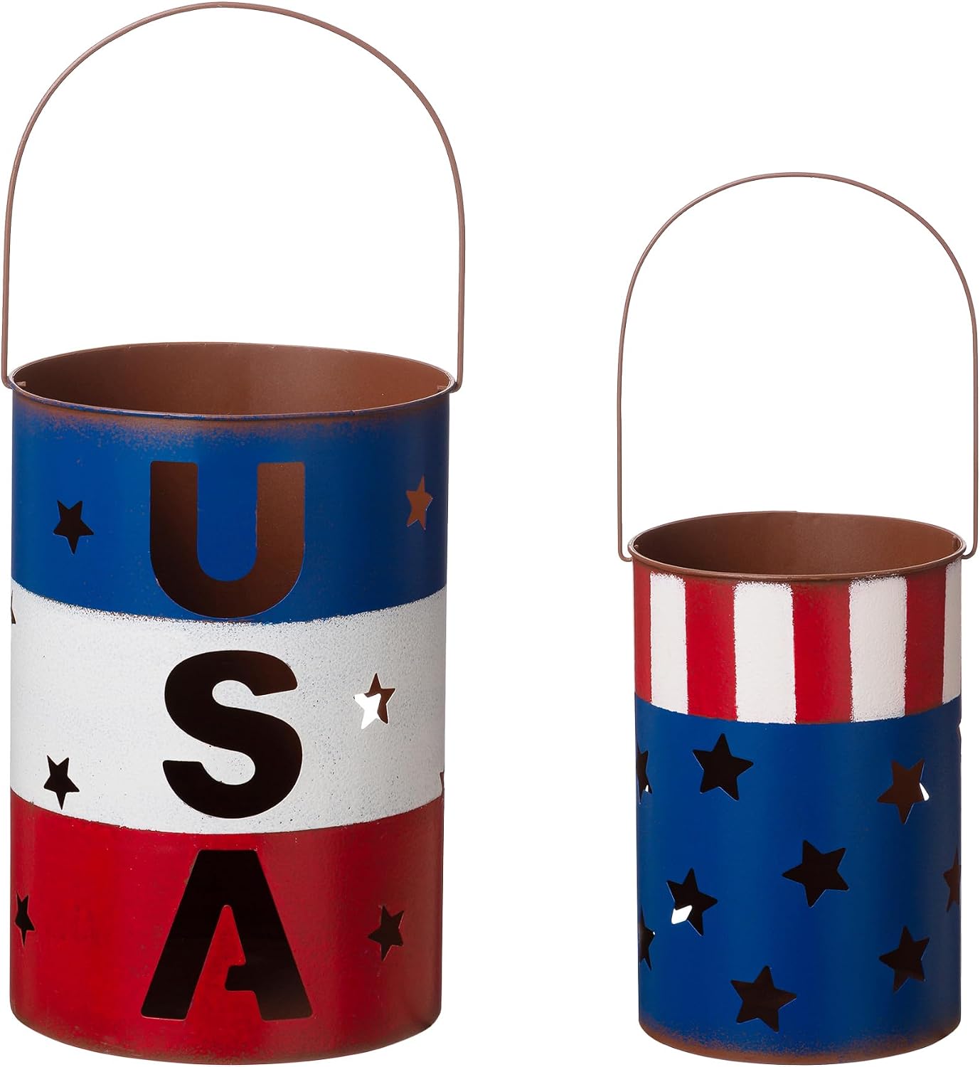 Glitzhome 4th of July Lantern Set of 2 Patriotic Metal Candle Holders with USA Cutouts Red White & Blue American Flag Decor for Porch Tabletop Independence Day & Memorial Day