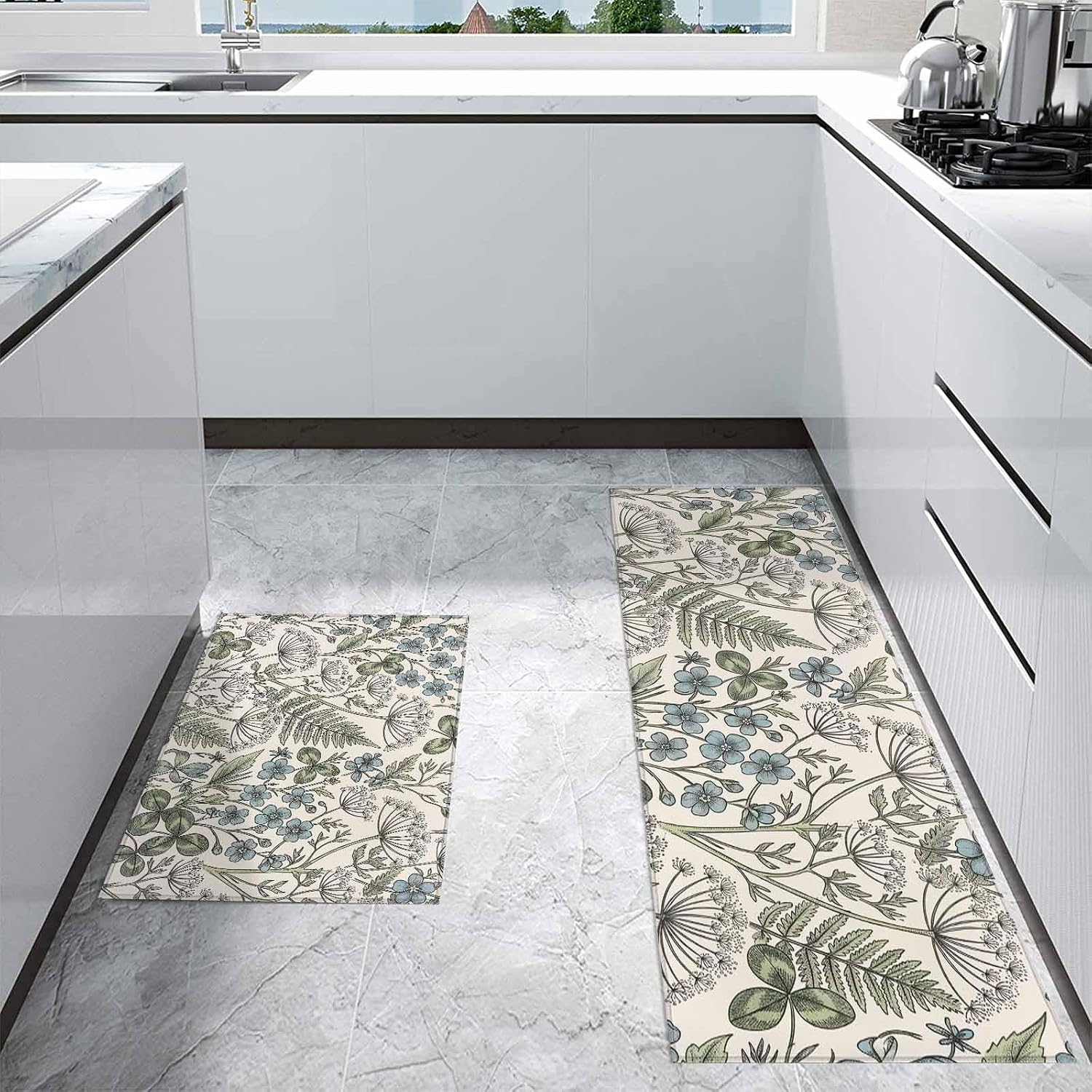 Kitchen Mats for Floor Rustic Retro Flower Leaves on Beige Washable Non Slip Kitchen Rugs 2PCS, Watercolor Herbs Plant Absorbent Standing Mats for Sink Office Living Room 15.7x23.6in+15.7x47.2in
