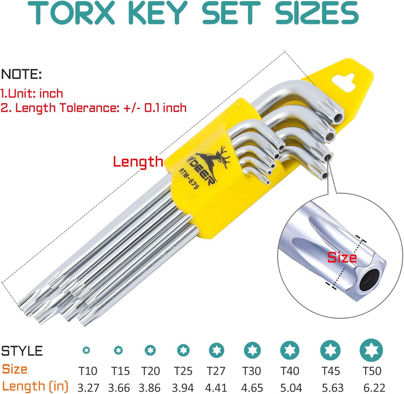R'DEER 9 Piece Long Arm Torx Hex Key Set Industrial Level Anti Tamper Proof Star Allen Wrench Kit L-wrench Hand Tool (Sizes T10-T50)