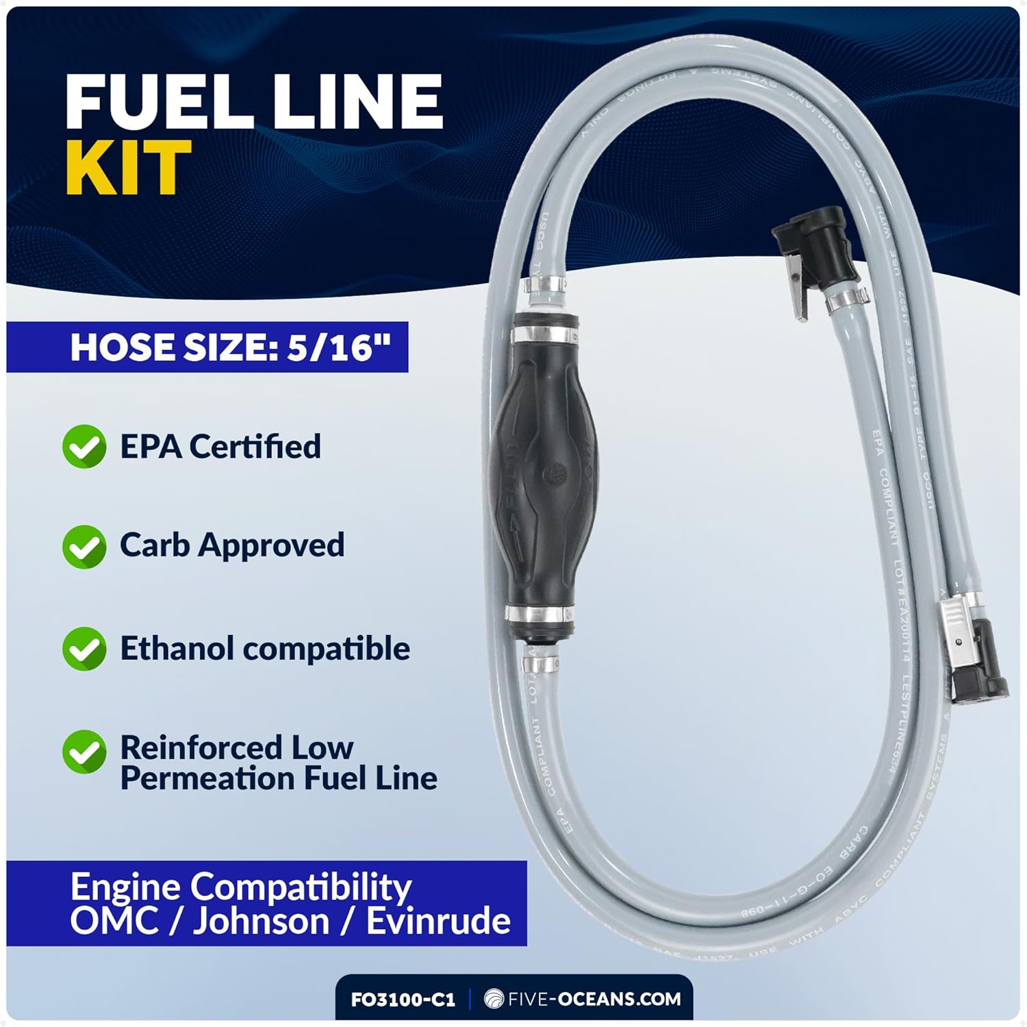 Five Oceans Marine Boat Fuel Line Kit Compatible with OMC/Johnson/Evinrude, 5/16-Inch x 6-Foot, EPA/CARB Approved, Leakproof, Outboard Fuel Line - FO3100-C1