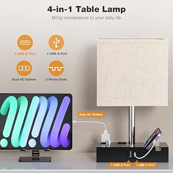 2 Pack Bedside Lamp Fully Adjustable Bedside Lamp for Bedroom with USB C Ports, Beige Kakanuo USB Table Lamp, Wooden Desk Lamp with 2 Charging Outputs and Phone Holder