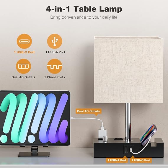 2 Pack Bedside Lamp Fully Adjustable Bedside Lamp for Bedroom with USB C Ports, Beige Kakanuo USB Table Lamp, Wooden Desk Lamp with 2 Charging Outputs and Phone Holder
