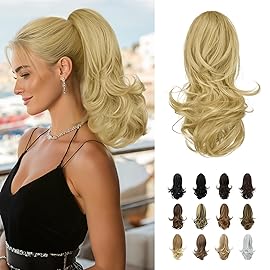 Sofeiyan 13 Ponytail Extension Long Curly Ponytail Clip in Claw Hair Extension Natural Looking Synthetic Hairpiece for Women, Light Blonde mix Bleach Blonde Evenly