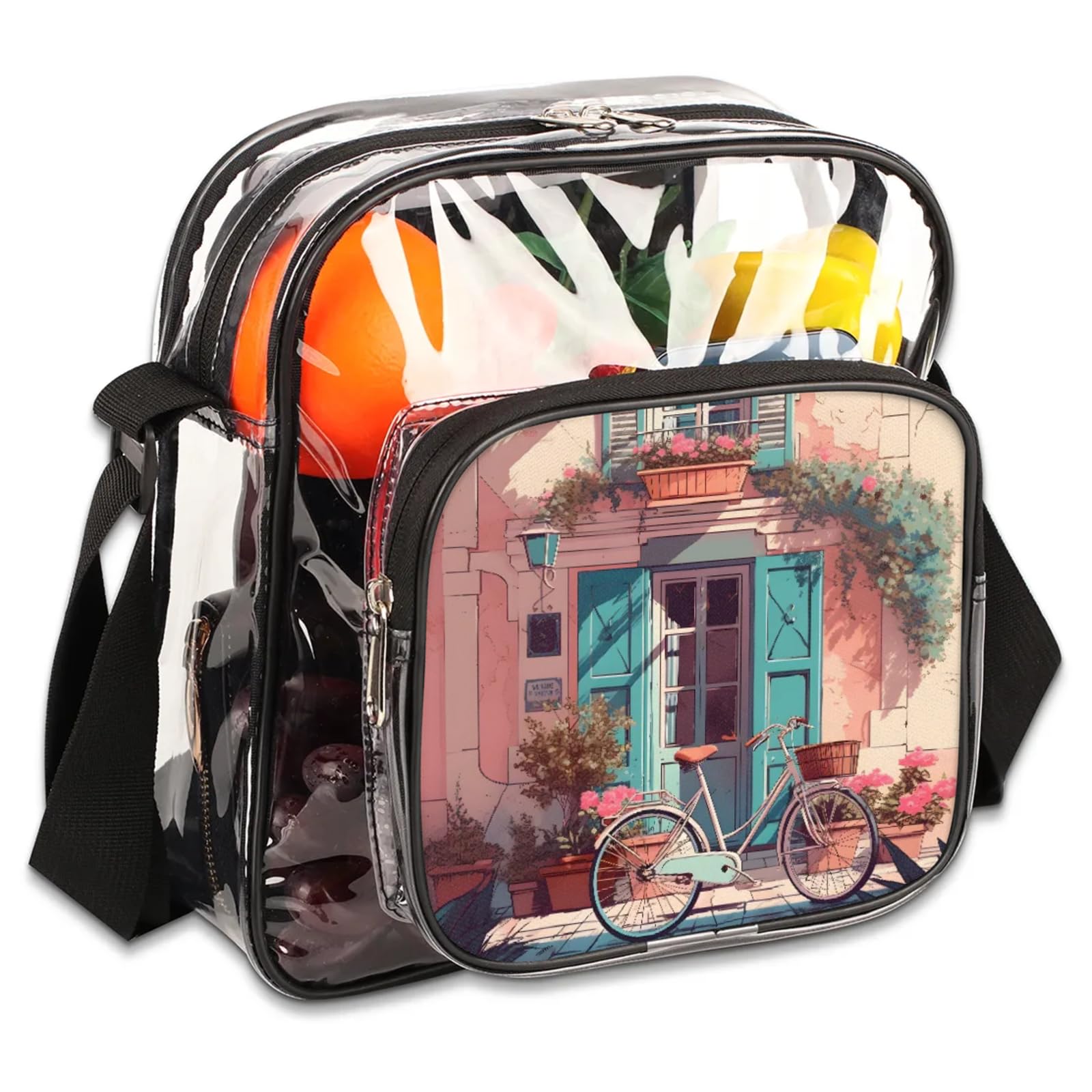 Clear Crossbody Bag Stadium Approved Landscape Biycle Transparent Bag for Festivals, Sports Events, Concerts,Beach Bag for Women Men Clear Purse with Front Pocket Messenger Bag with Adjustable Strap