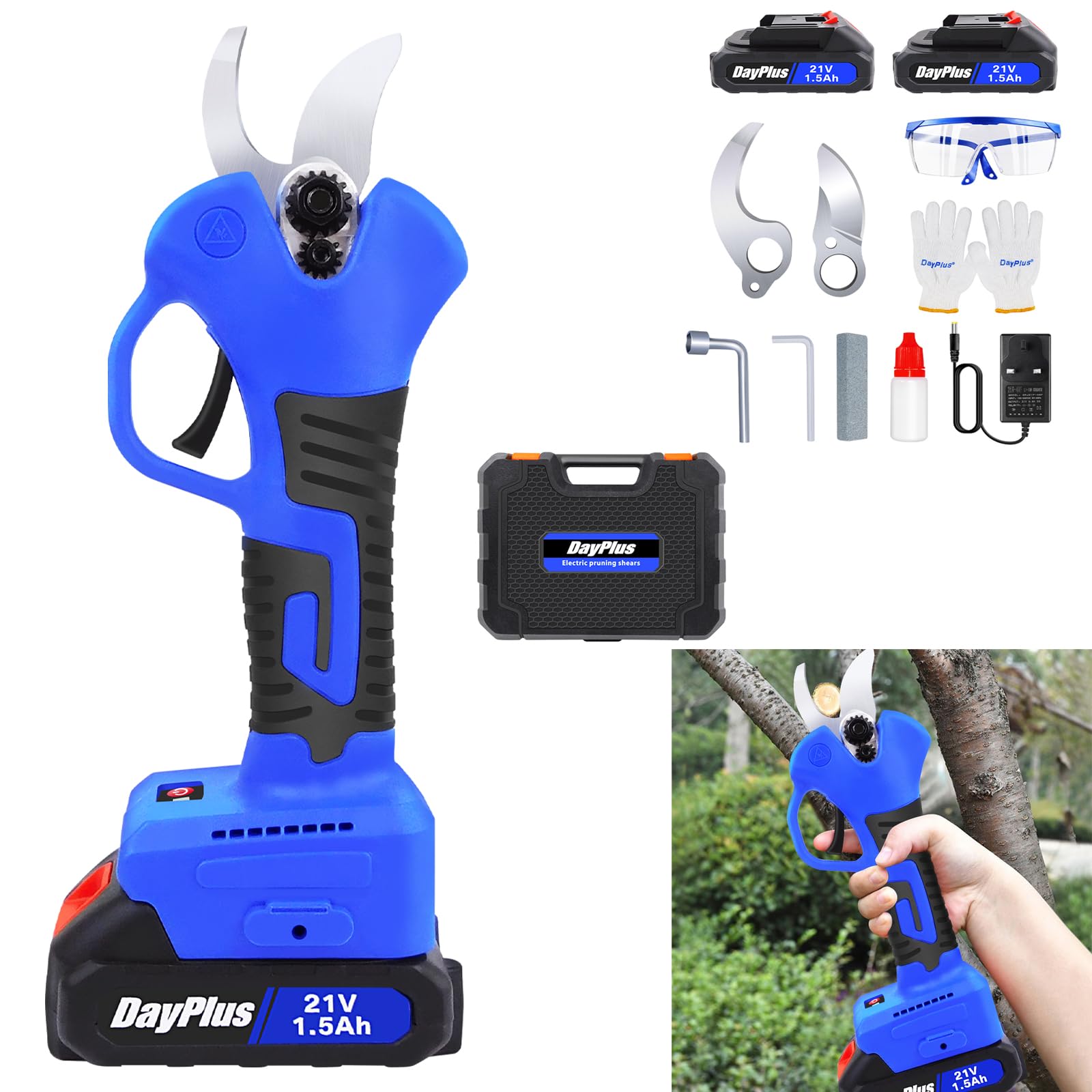Tijeras de podar con batería para jardinería y poda, 21 V, batería eléctrica, profesional, con 2 baterías de litio y cargador, 28 mm, batería de 28 mm
