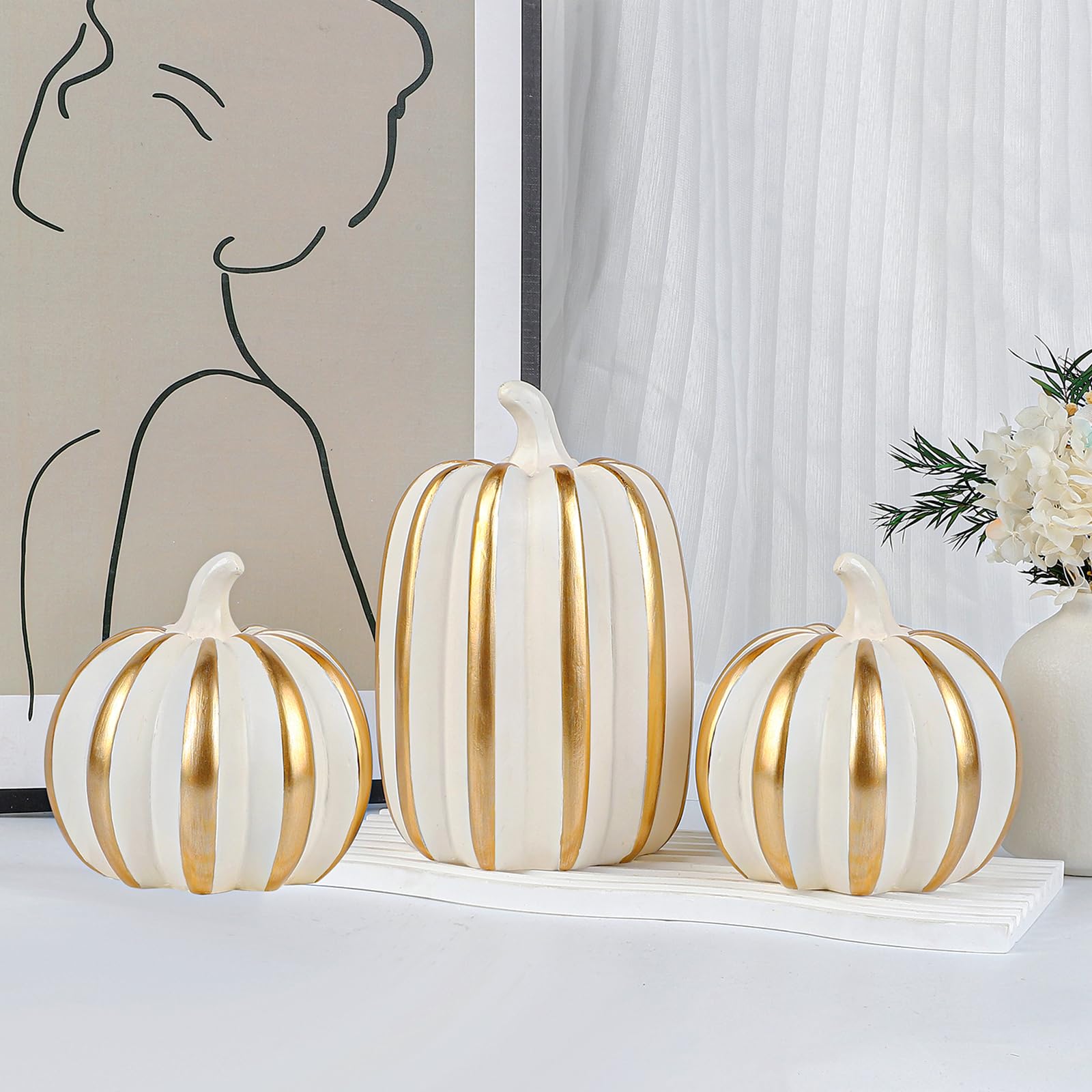 Fangoo 3Pièces Citrouilles Décoratives Résine Blanches Oro pour DéCoration De Table d'automne à L'IntéRieur Fausses Citrouilles Figurines Halloween RéColte Thanksgiving CheminéE DéCorations (Style 3)