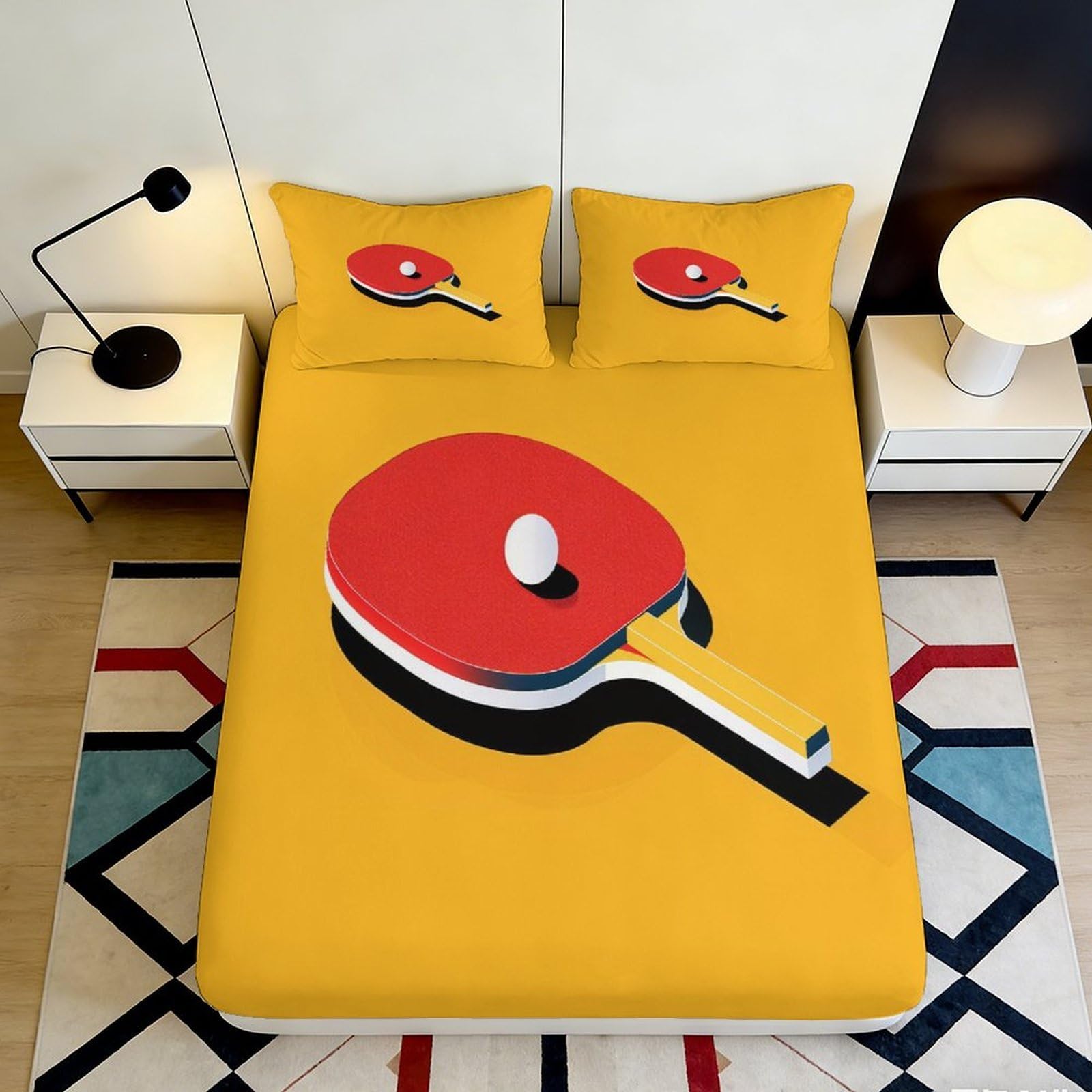 3D Printed Ping Pong Paddle Fitted Sheet Microfiber Deep Pocket Non-Slip Table Tennis Mattress Fitted Cover Washable Bedding 180x200x25cm