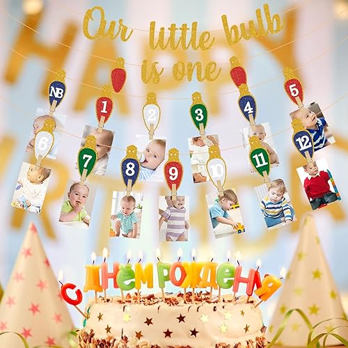 Miniatura 6 de Bombilla de Navidad para el primer cumpleaños, pancarta de fotos de Navidad, pancarta de fotos de cumpleaños para recién nacidos a 12 meses,