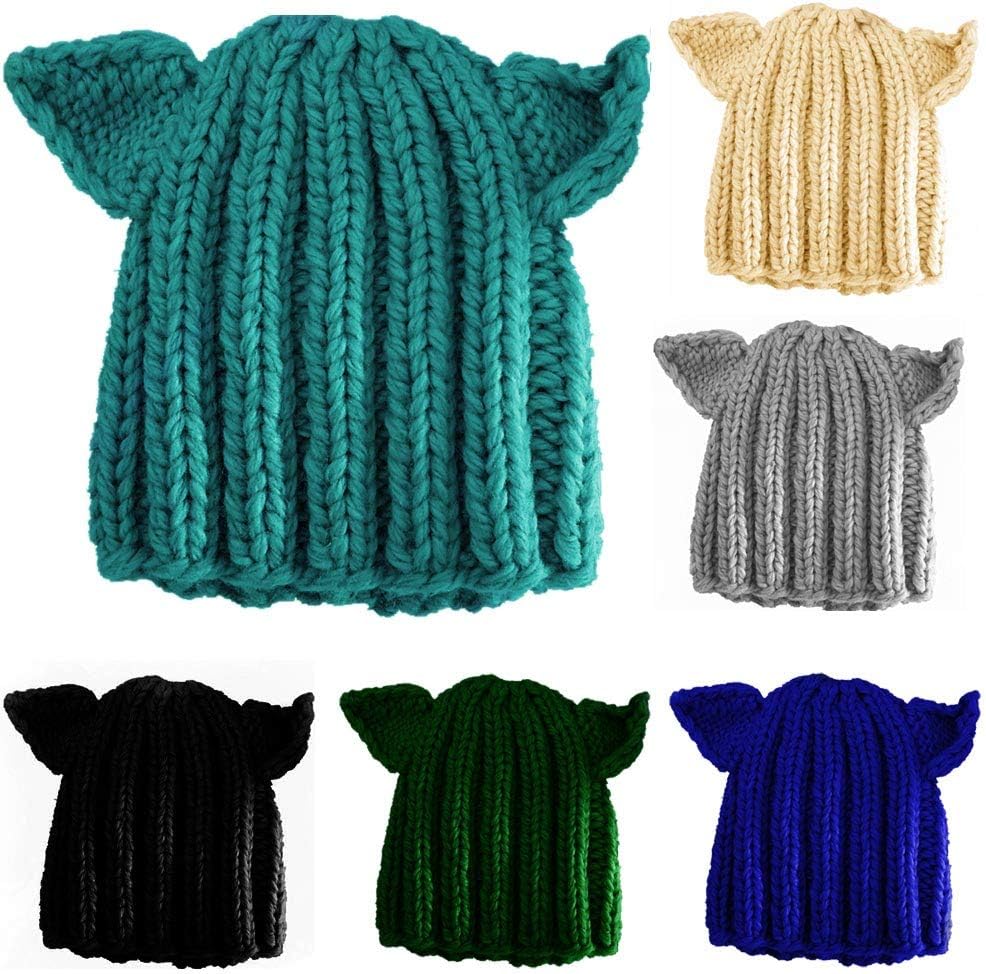 BIBITIME 6 PCS Handmade Knitted Ears Beanie Pussycat Hat Women March Rights Caps (Peacock/Royal Blue,Beige,Light Grey,Green,Black, Fit Average Adult)