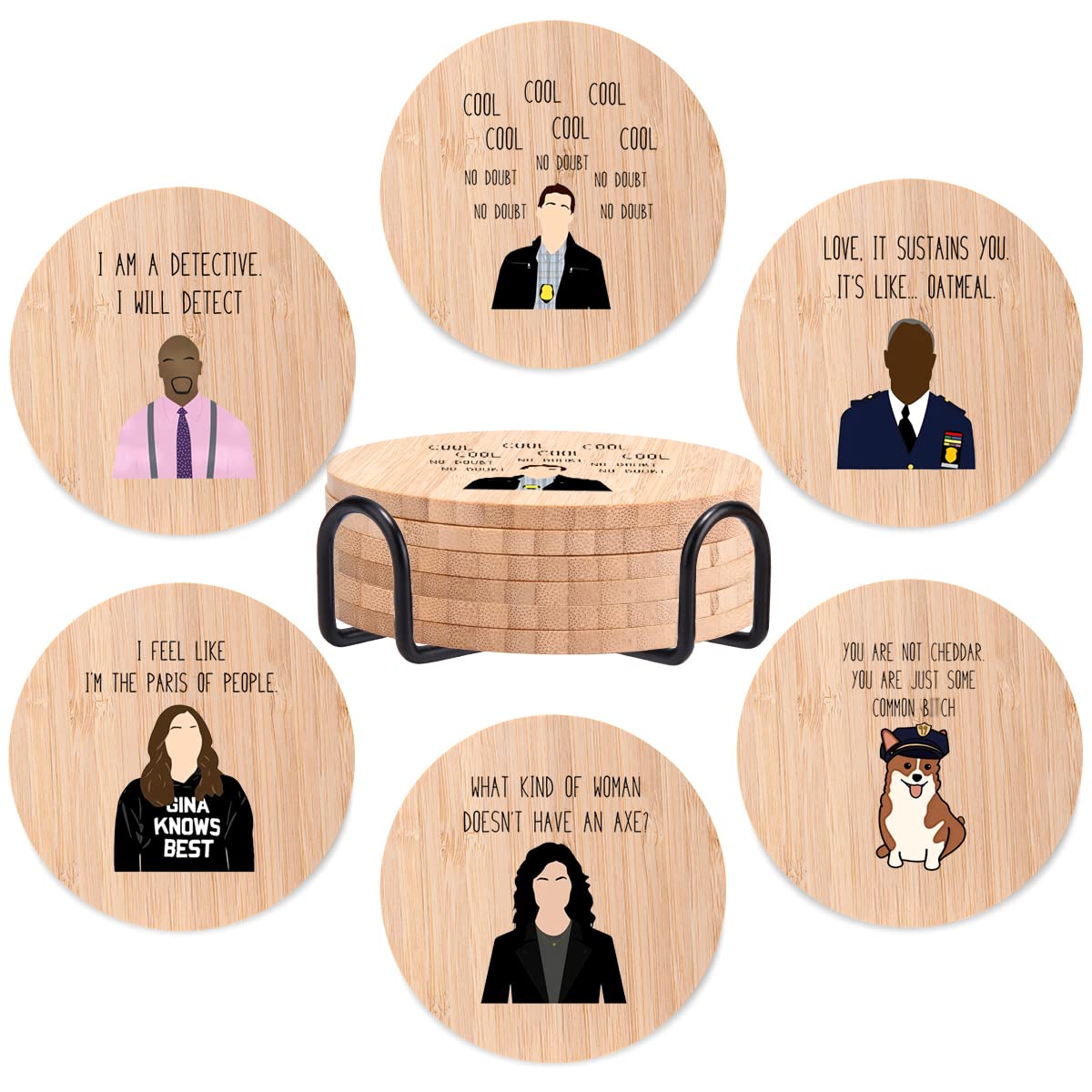 Brooklyn Nine Nine Bamboo Wood Coasters Set of 6, Funny Novelty Coasters for Drinks with Holder Housewarming Gift