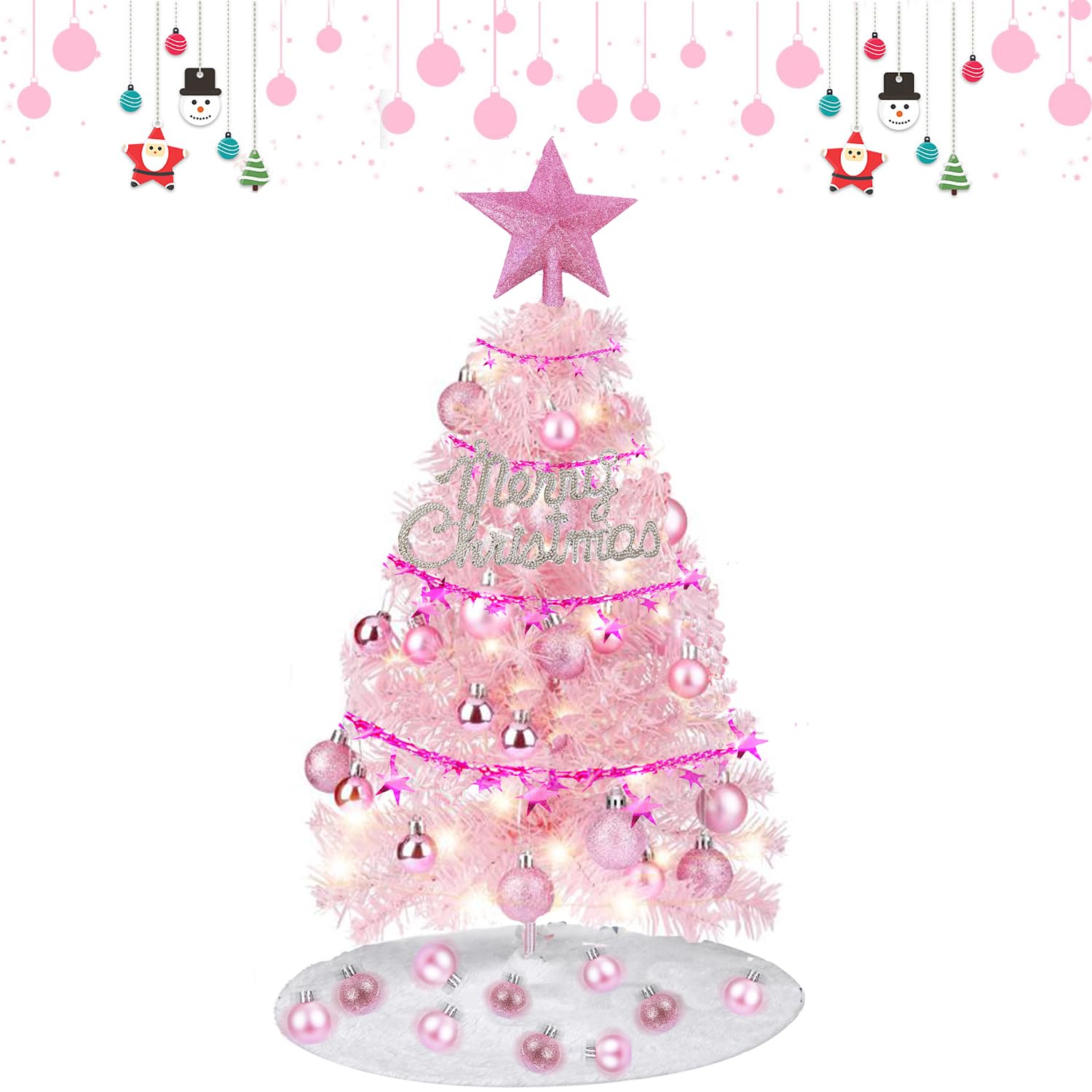 Mini Árbol De Navidad,GEDEGOOK Árbol De Navidad Artificial con 29 Piezas De Adornos Colgantes,de Pilas Escritorio Árbol De Navidad para Casa, Cocina,Comida Mesa Bricolaje Navidad Decoraciones,Rosado