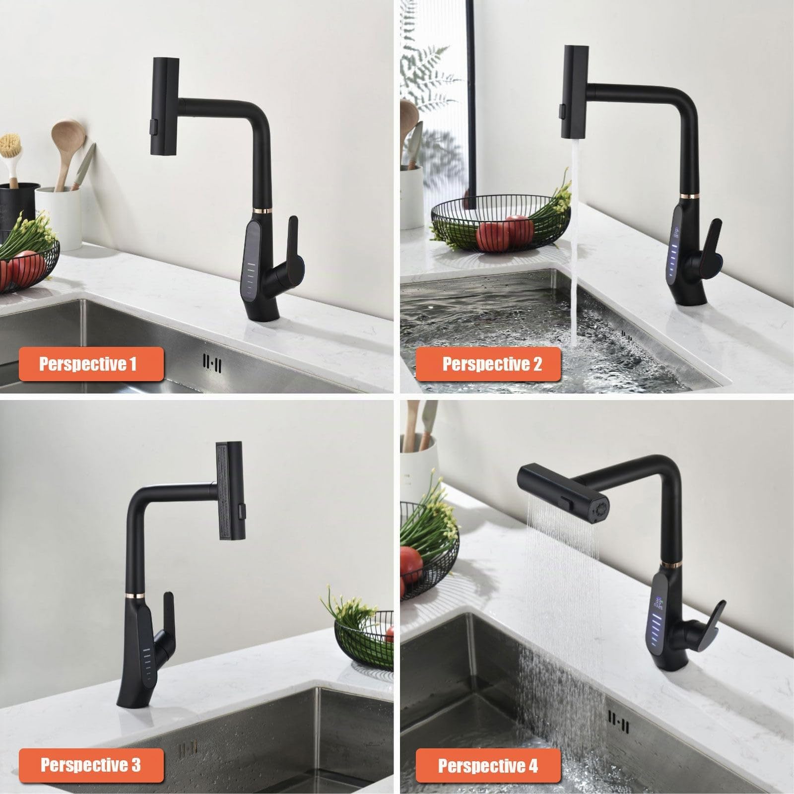 Robinet de Cuisine Extractible, Affichage Numérique LED, Cascade, 3 Modes de Débit d'eau, Pivotant à 360° Mitigeur Cuisine Robinet, Mitigeur Cuisine à Poignée Unique, 59A Cuivre (Noir)
