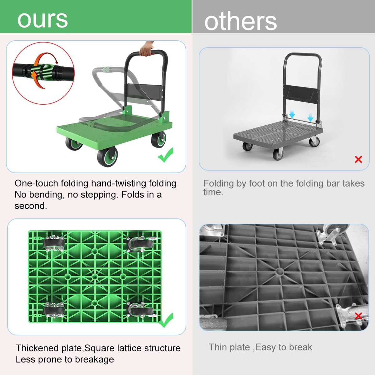 WUD Folding Push Cart Platform Trolley – Thickened Reinforced Steel, 360° Swivel Wheels, 28.7″×19.3″, Load Capacity 661 lb, Green