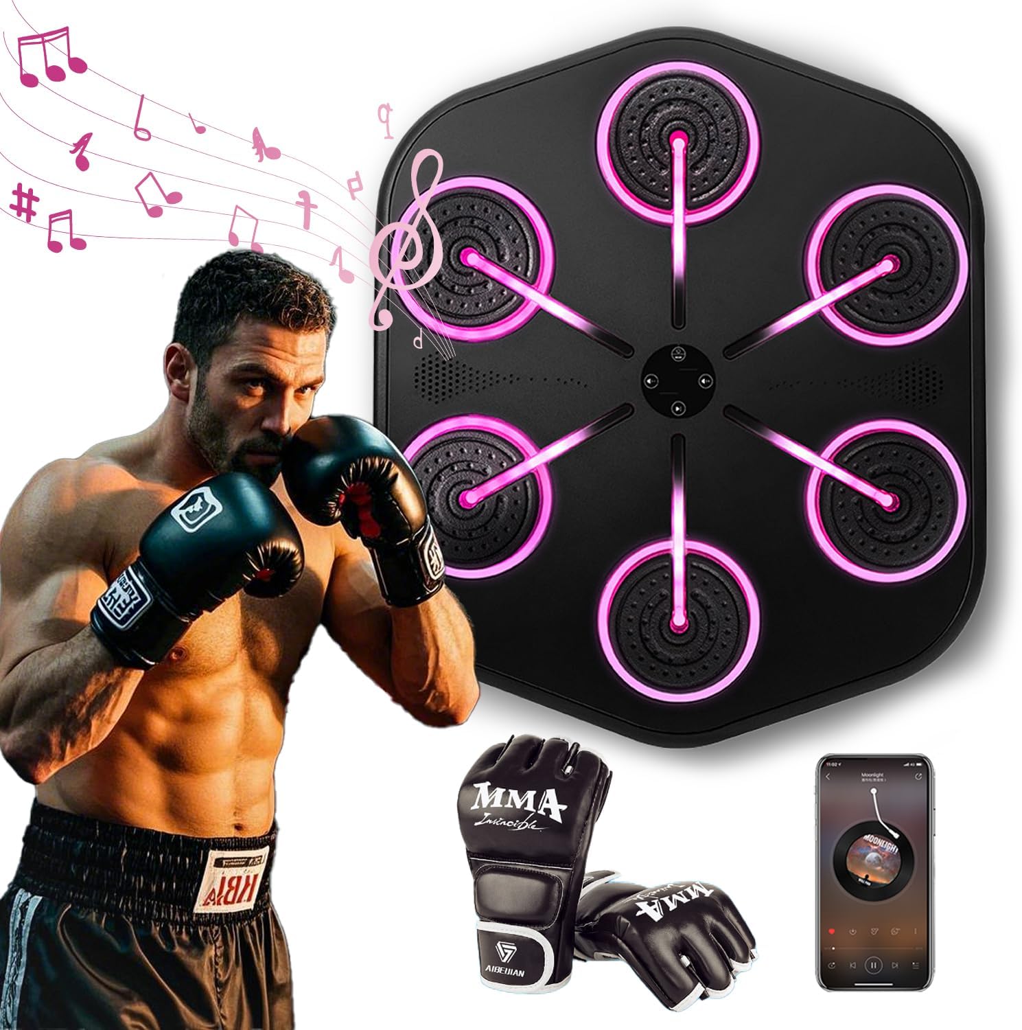 音楽ボクシングマシン、調整可能な光を備えた電子ボクシングマシン、ボクシンググローブ、ステレオサウンドとアプリ制御、ホームオフィスジム