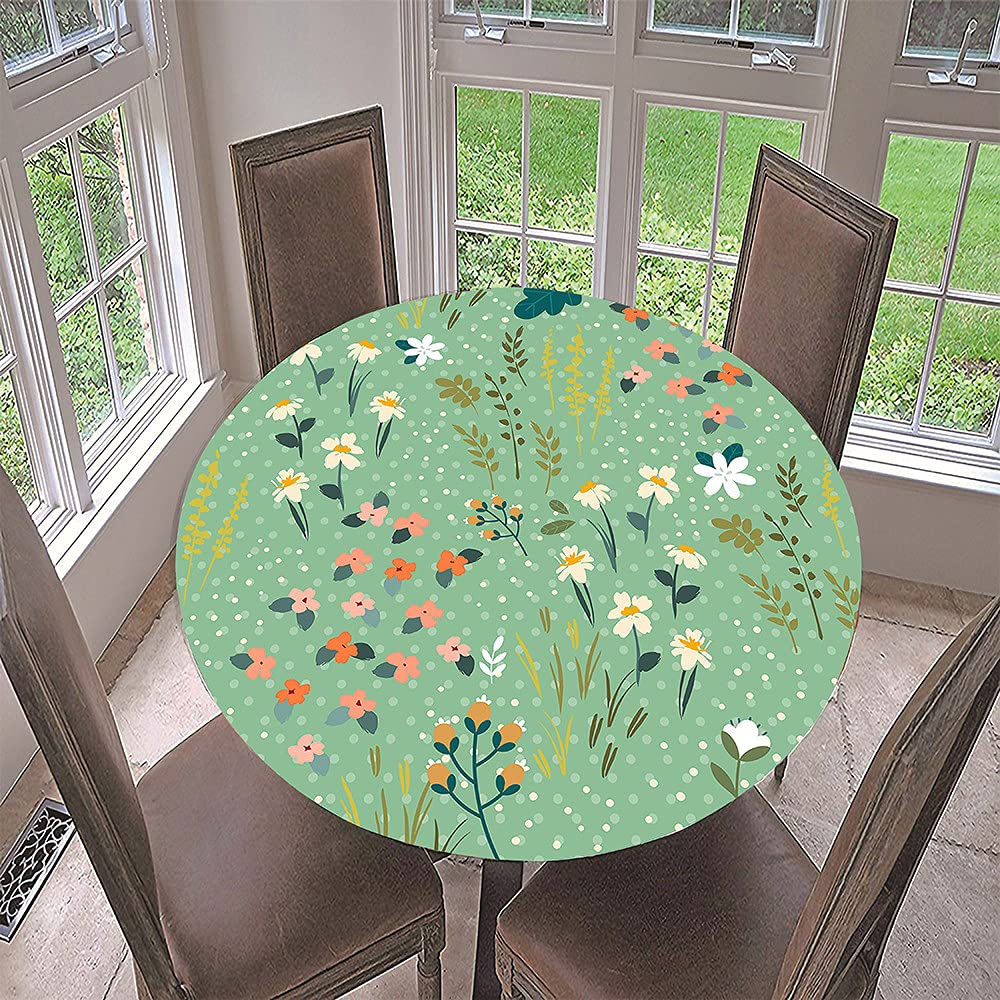 Fansu Meadow Flower Round Tablecloth Waterproof Wipe Clean, 3D Floral Printing Polyester Circular Tablecloths Fitted Elastic Edged, Stain Resistant Table Cover (,Diameter 90Cm)