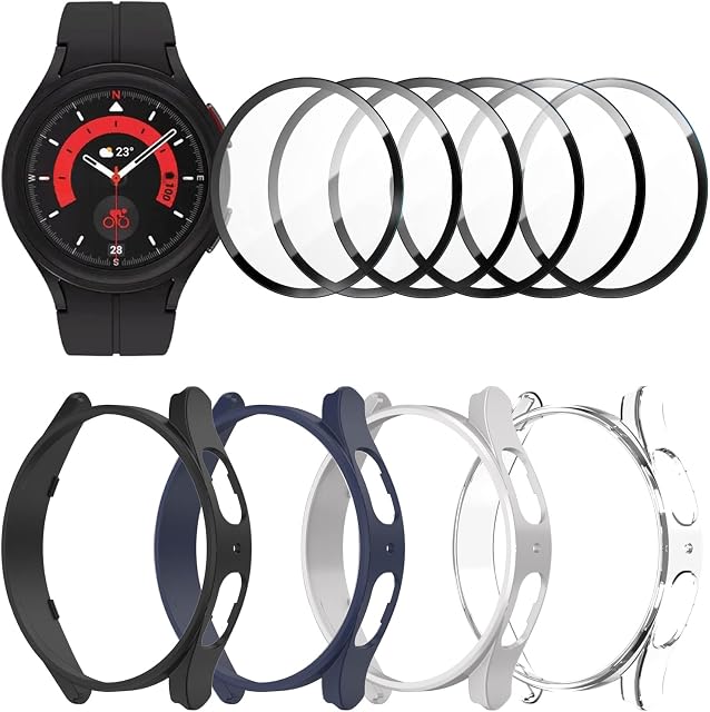 Haojavo [4+6] Pack for Samsung Galaxy Watch 5 Pro 45mm Screen Protector Case, 4 PACK Hard PC Cover Protective Bumper Shell + 6 PACK Tempered Glass Film for Galaxy Watch 5 Pro Accessories