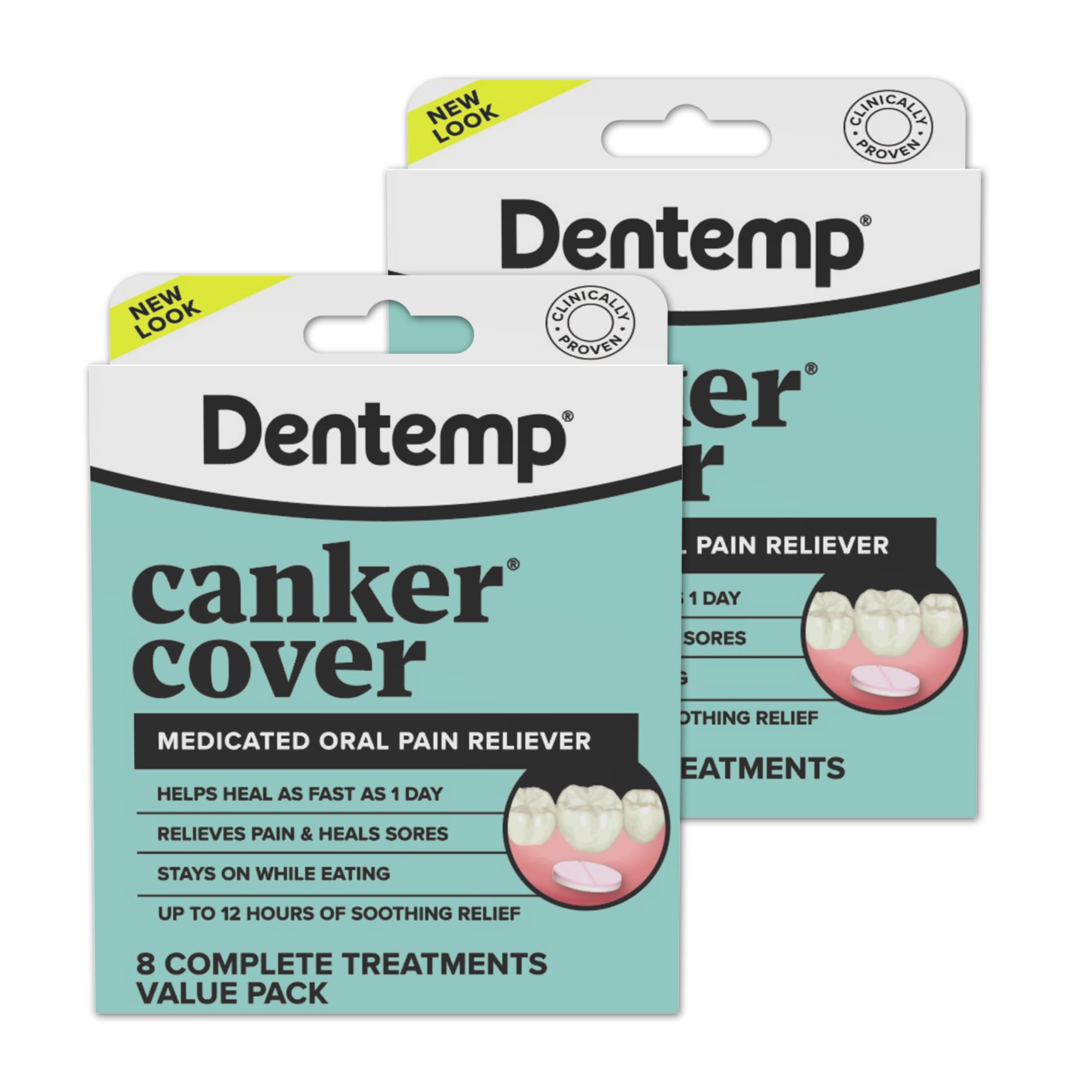 Dentemp Canker Cover Mouth Sore Treatment - Oral Pain Relief for Canker Sores &amp; Mouth Irritation - Fast-Acting Pain Relief Tablets for Adults - Value Pack of 2 (16 Count)