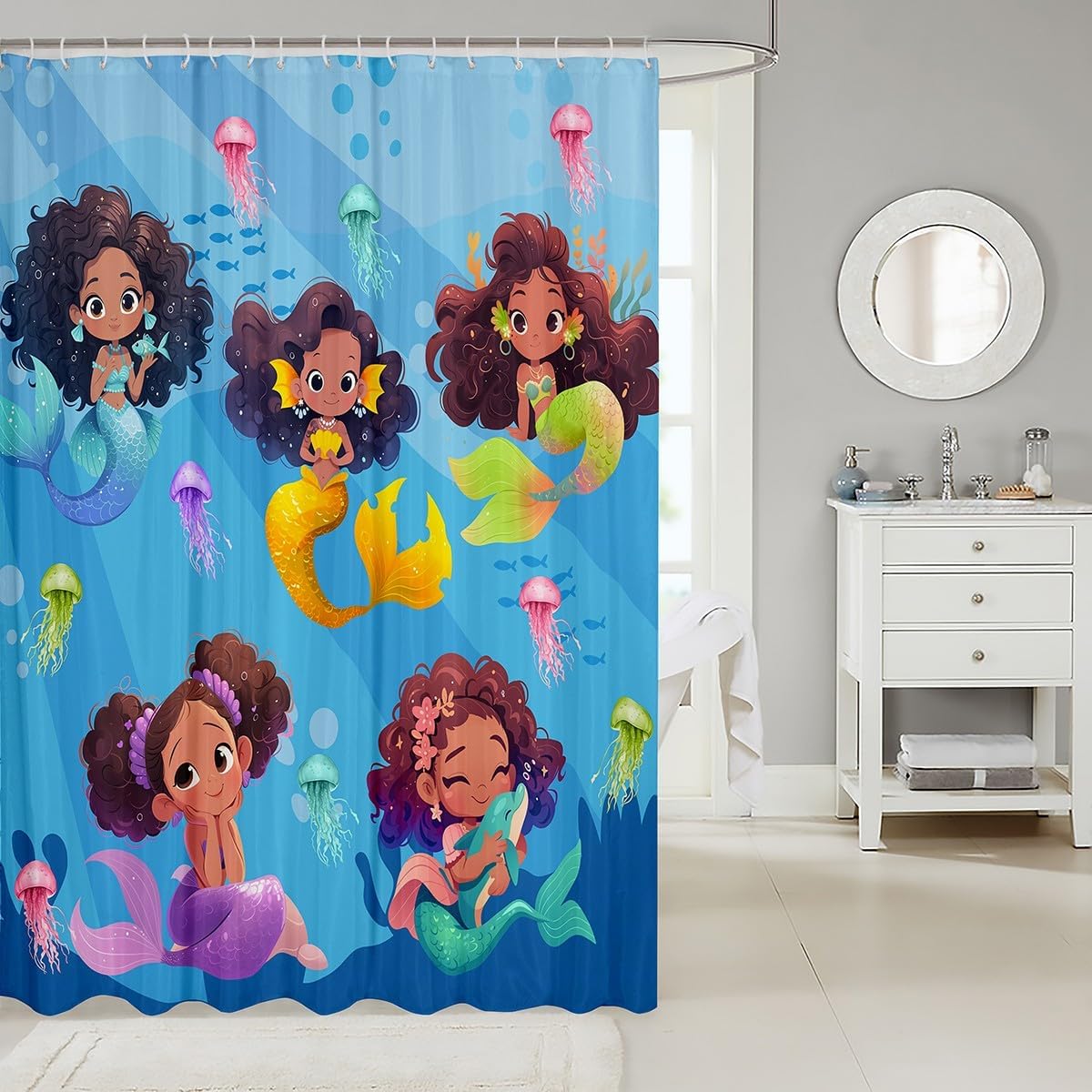 Black Girl Mermaid Bathroom Curtain,Colorful Jellyfish Shower Curtain,Cartoon Mermaid Waterproof Curtain for Kids Teens Girls Room Decor,Cute Black Girls African Bath Curtain,12 Hooks,72"Wx84"L