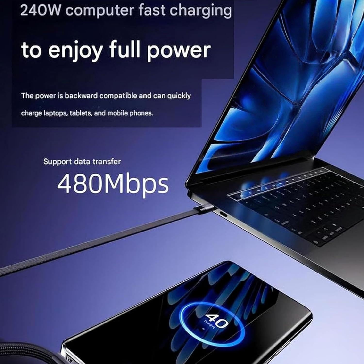 240W Fast Charge Cable with Stand, Built-in Adjustable Phone Holder, 240W PD Super Fast Charging Cable, Braided Durable Type-C Cable with Foldable Stand, 480Mbps Data Sync, 5ft/1.5m (2-Pack)