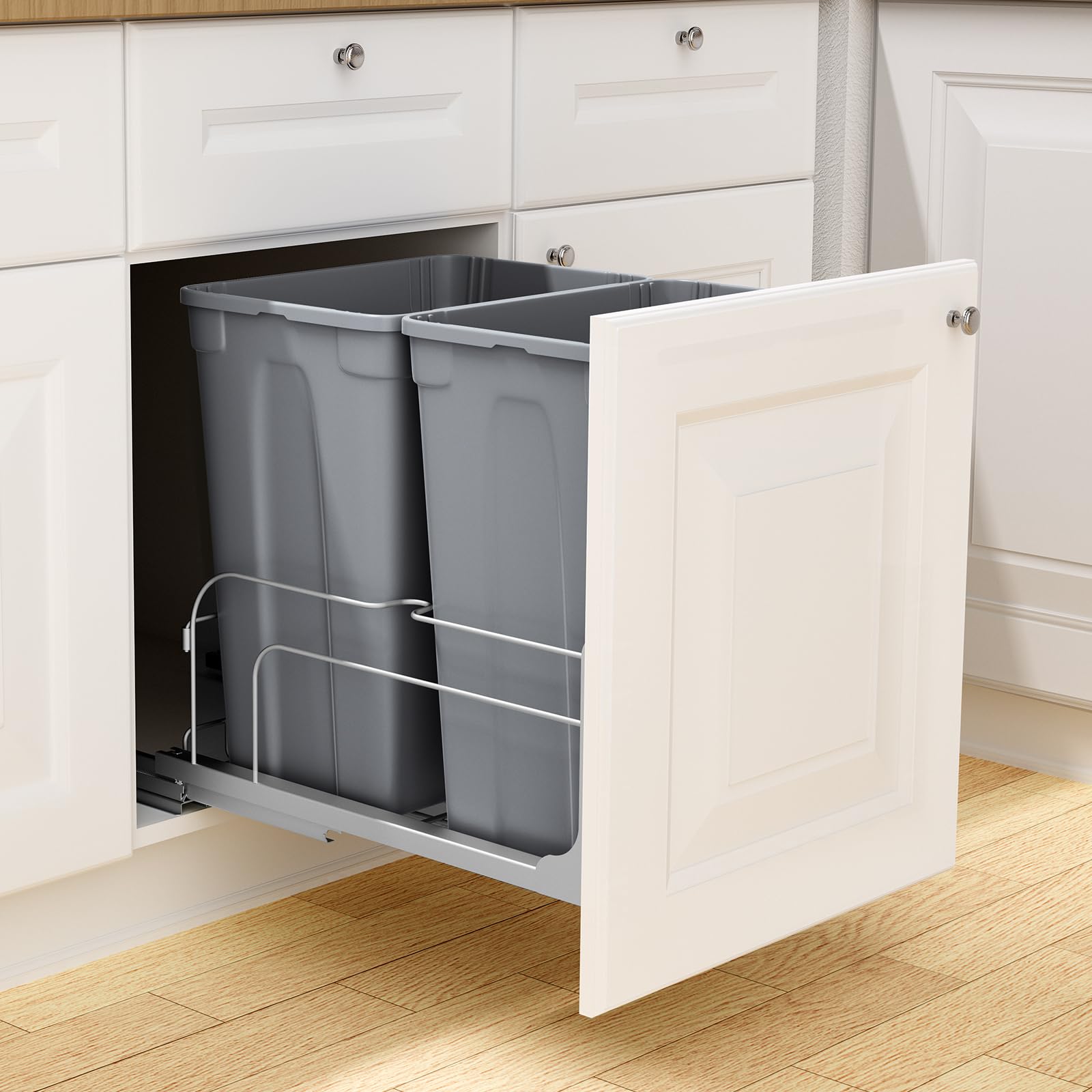 VEVOR ausziehbarer Abfallbehälter (35 Qt x2), doppelter Unterbau-Küchenabfallbehälter, Mülleimer mit Türsatz & Soft-Close-Schieberegler, für Küchenschrank Spüle unter der Theke (grau)