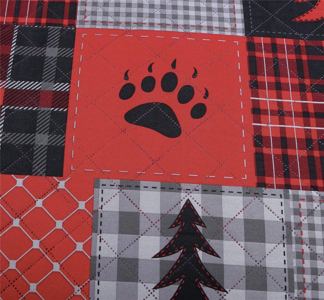 Rustic Bear Quilts Set Twin Size,Lightweight Plaid Bedspread Coverlet Rustic Lodge Bedding Forest Tree Bed Sheet with Pillswshams (Red Black Gray, Twin)