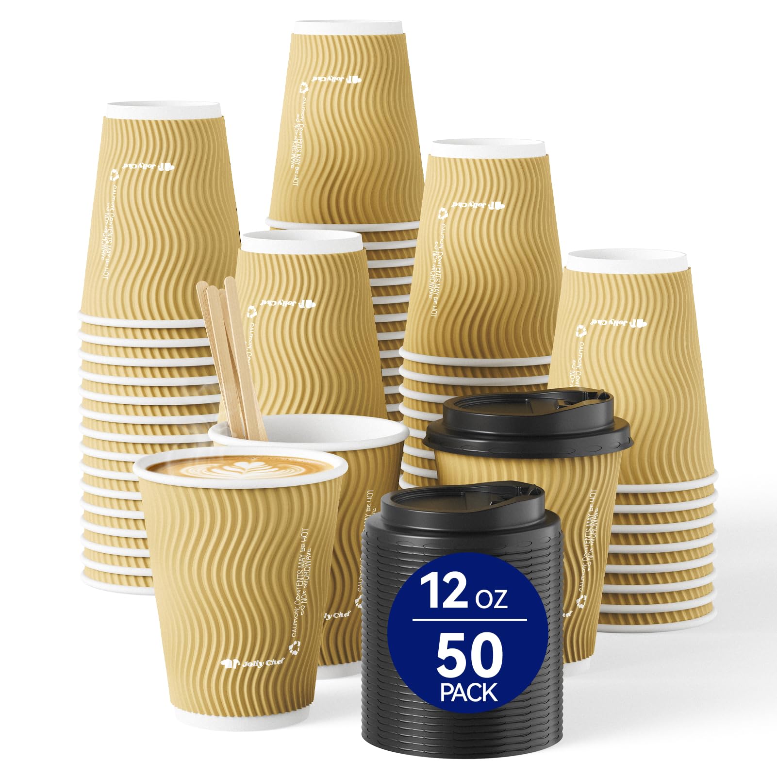 JOLLY CHEF 12oz Ripple Paper Coffee Cups with Lids & Stirrers 50 Pack