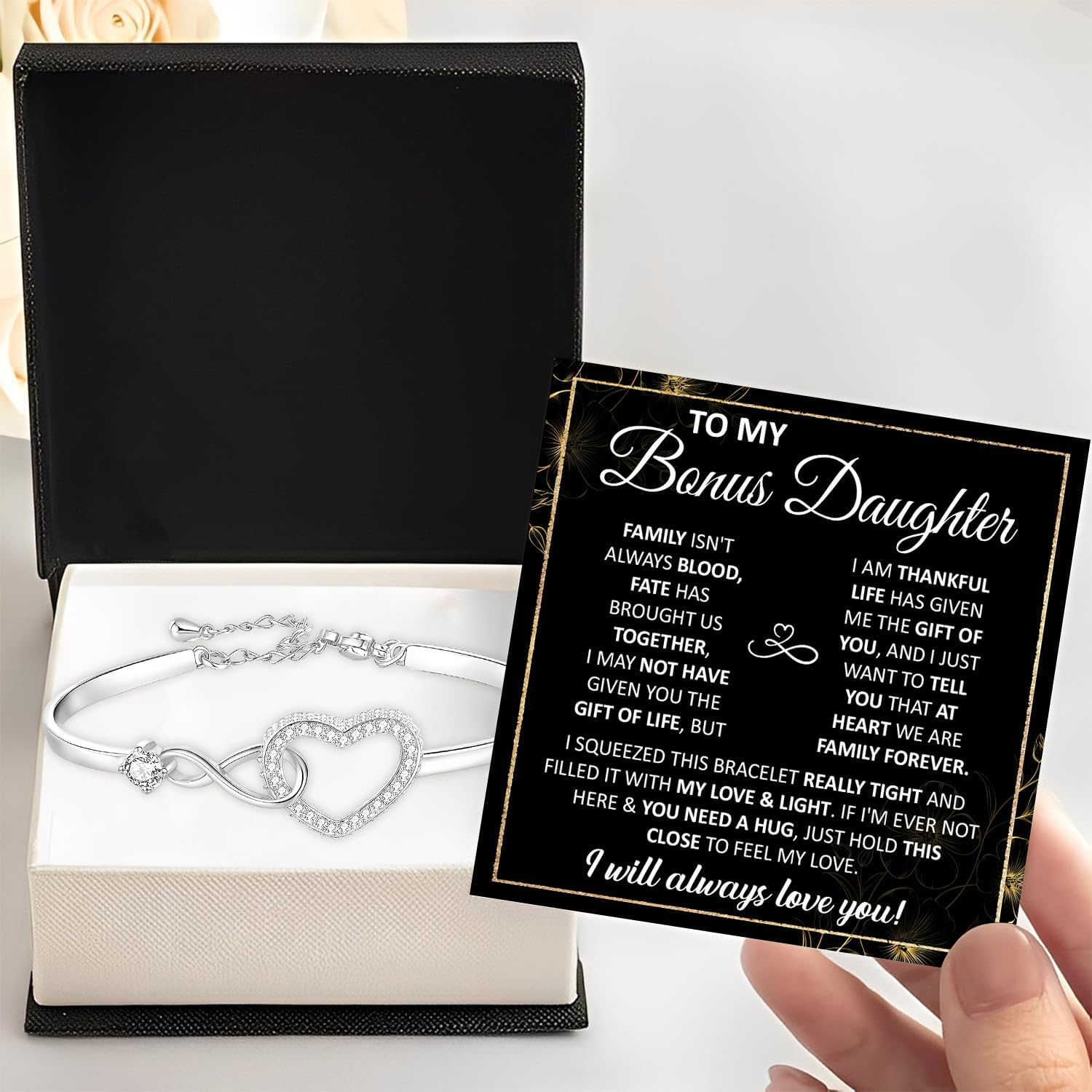 To My Bonus Daughter Bracelet, Stepdaughter Gifts From Stepmom Stepdad, Bonus Daughter Infinity Bracelet Jewelry With Message Card And Box, Christmas Valentine Birthday Gifts For Stepdaughter