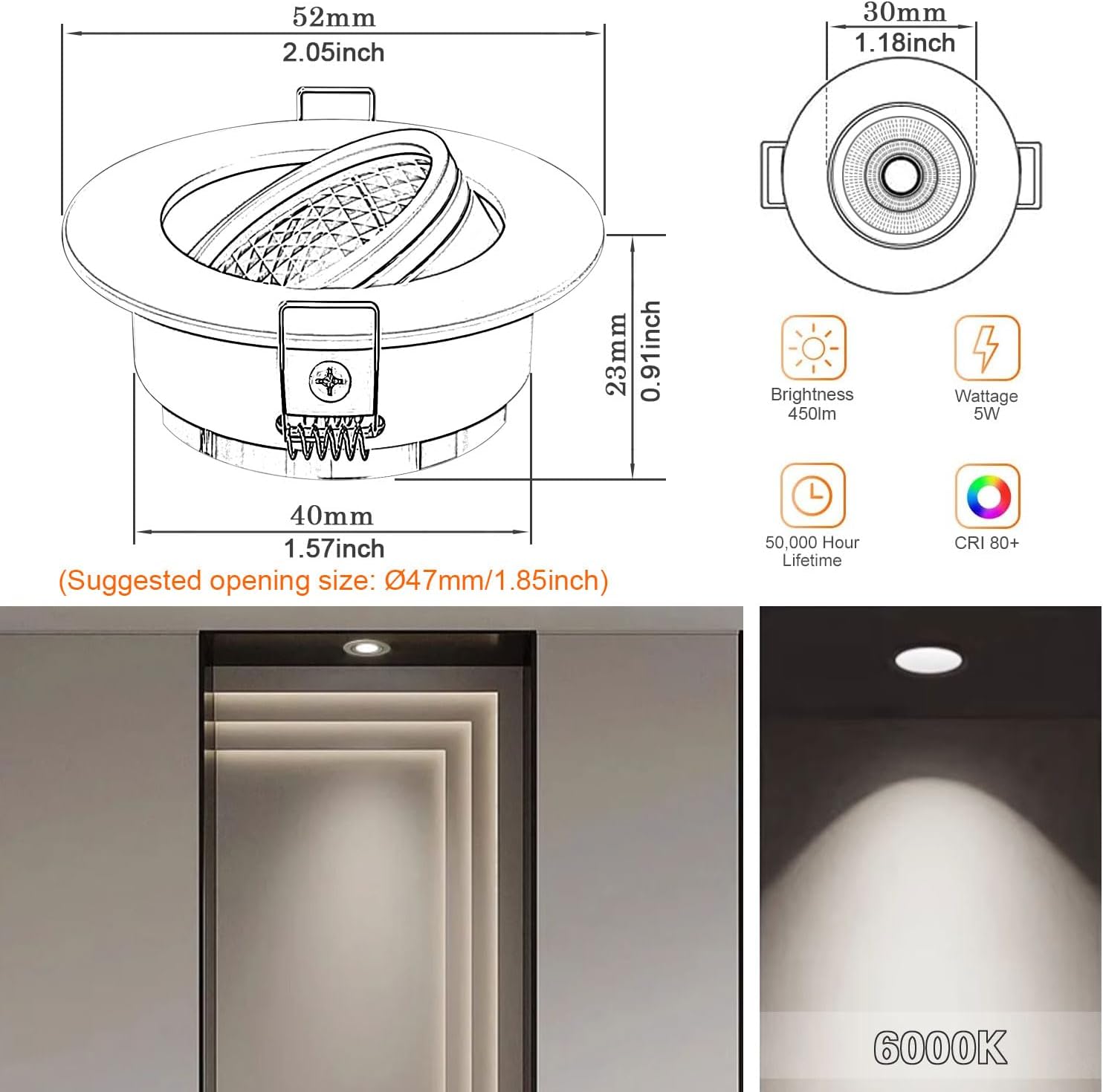 Recessed LED Downlight 85-265V Dimmable 5W COB CRI 80 White Spotlight Lamp Daylight 2 Inch Adjustable Angle Lighting Kits 3000K-6000K Ceiling Lights Pack of 6 with Led Driver (Cold White 6000K)