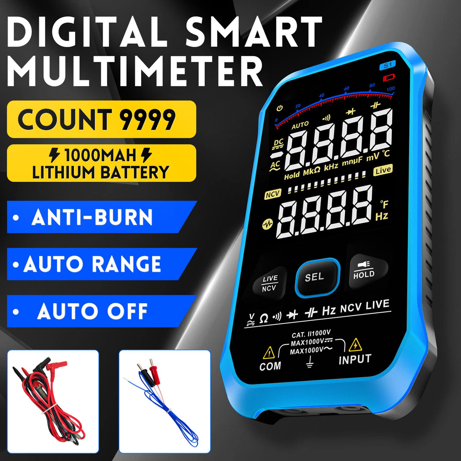 Tester di Temperatura Multimetro Digitale LCD della continuità di Tensione CA/CC Batteria Integrata Ad Alta Precisione