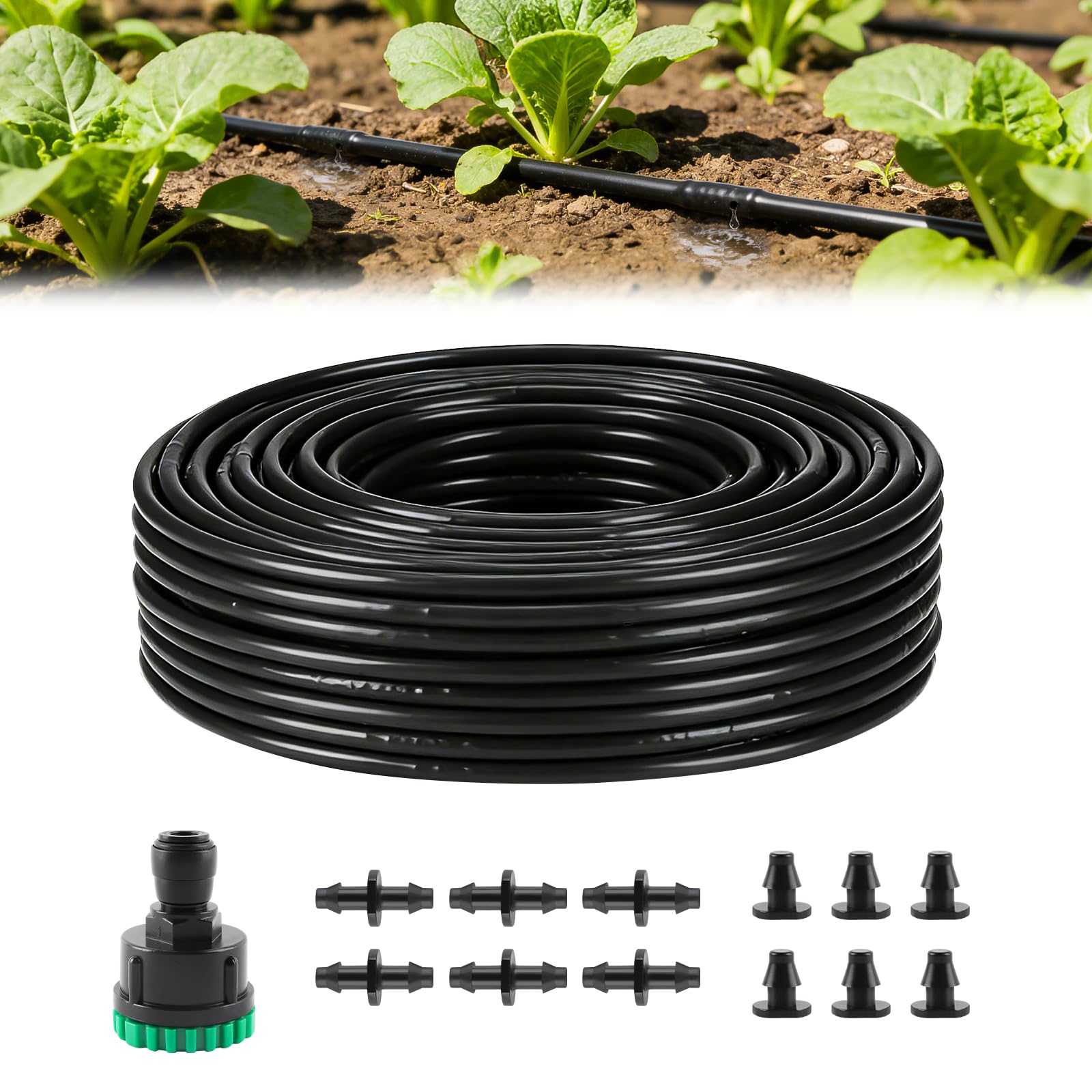 100FT 1/4 Inch Drip Tape Irrigation Kit, Kalolary 6" Spacing Roll Dripline Tubing 1/4" Drip Irrigation Tubing Landscape Garden Hose Plant Watering System with End Plugs, Couplings, Faucet Connectors